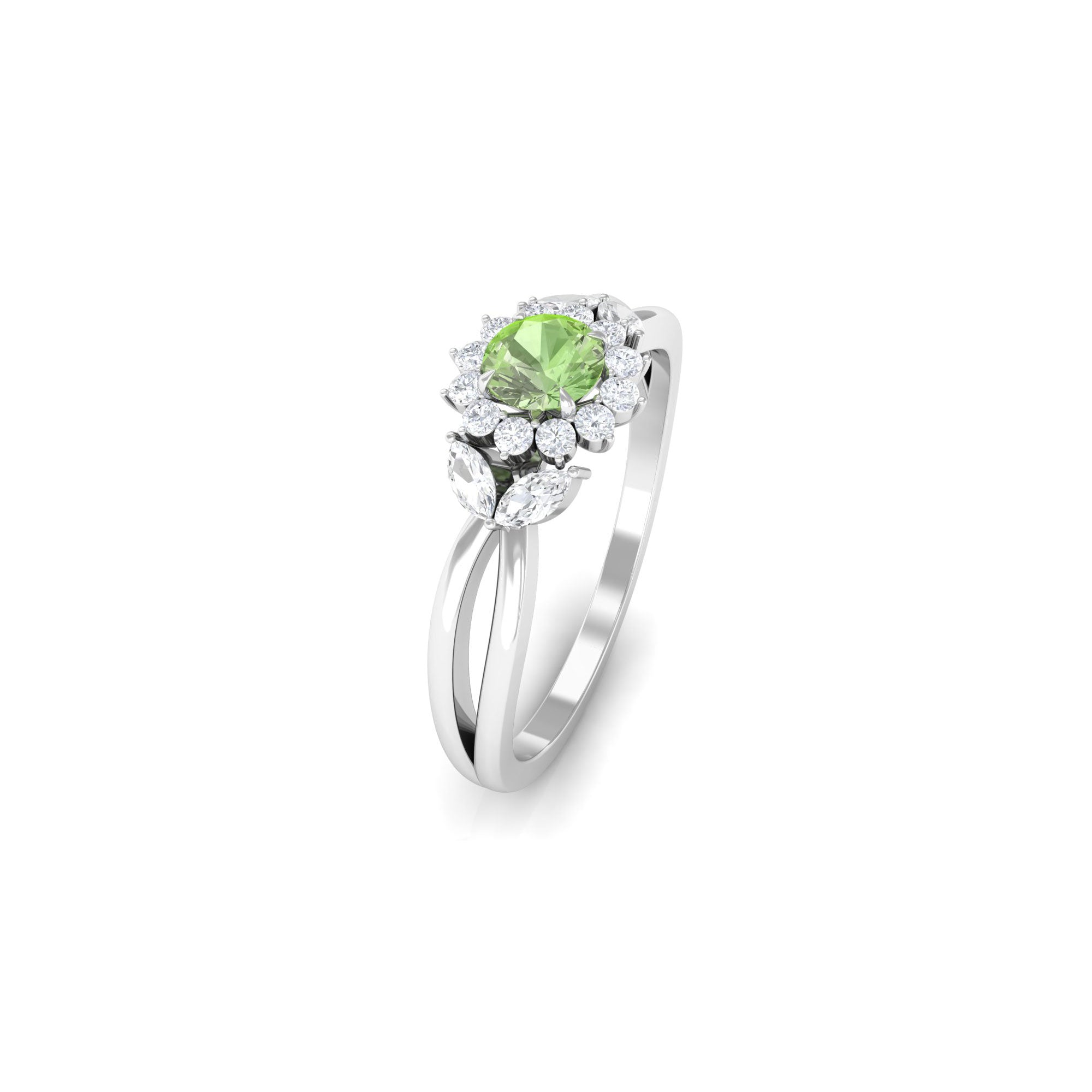 Rosec Jewels-Green Sapphire and Diamond Flower Engagement Ring with Split Shank