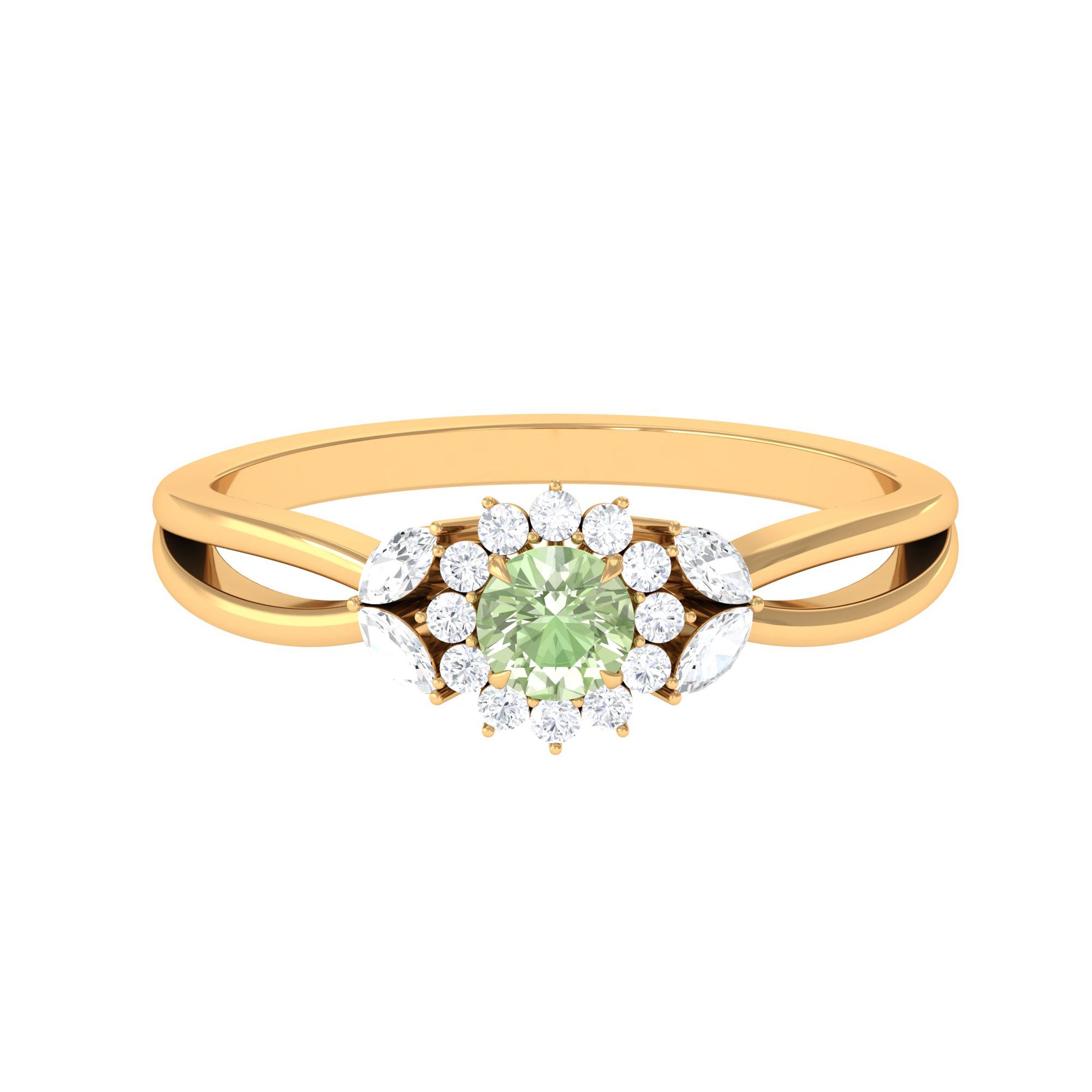 Rosec Jewels-Green Sapphire and Diamond Flower Engagement Ring with Split Shank