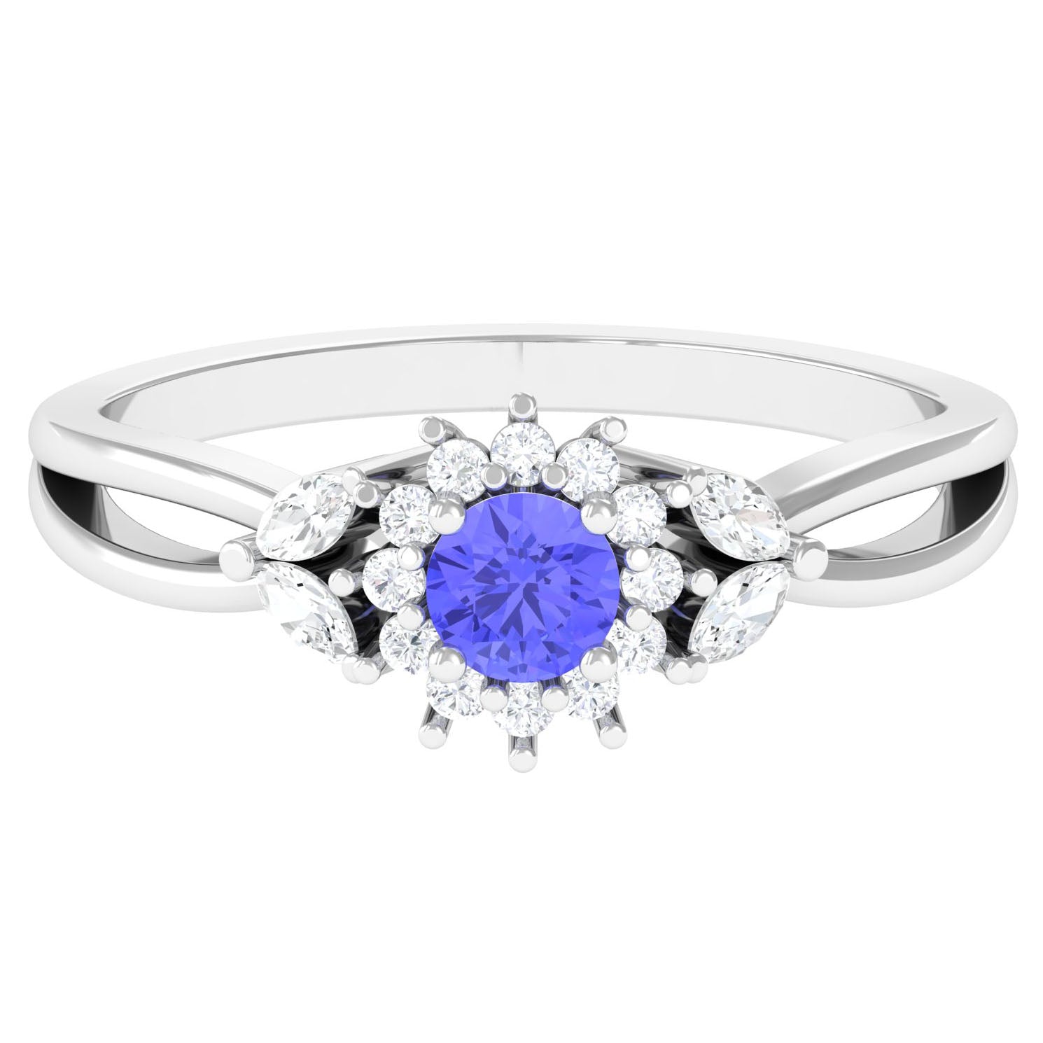 Rosec Jewels-Split Shank Tanzanite Flower Engagement Ring with Diamond