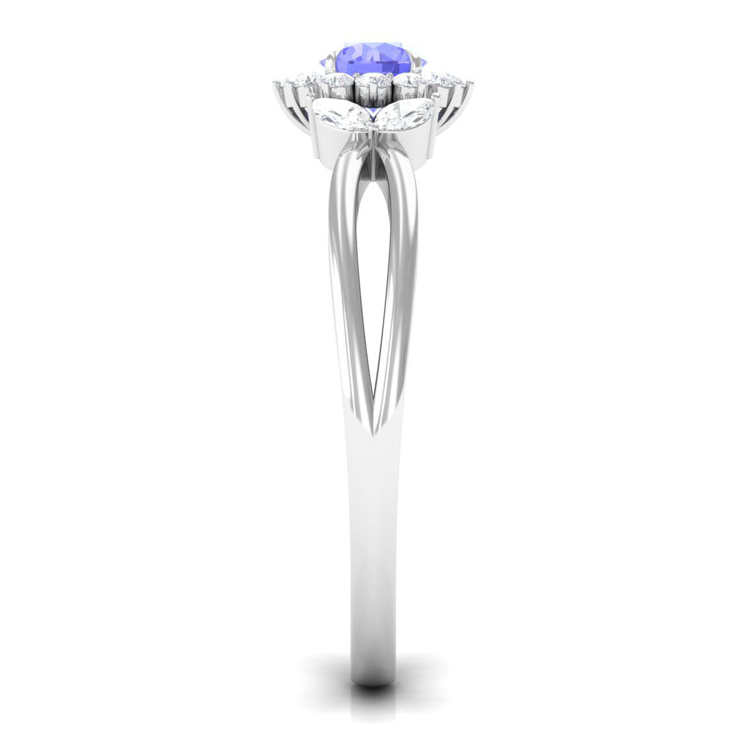 Rosec Jewels-Split Shank Tanzanite Flower Engagement Ring with Diamond