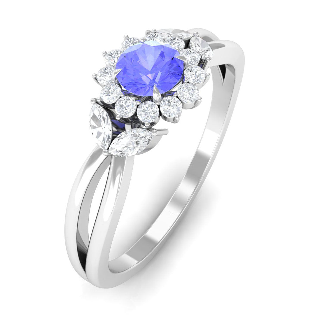 Rosec Jewels-Split Shank Tanzanite Flower Engagement Ring with Diamond