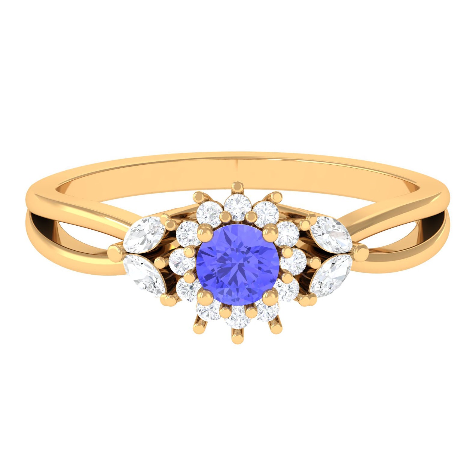 Rosec Jewels-Split Shank Tanzanite Flower Engagement Ring with Diamond