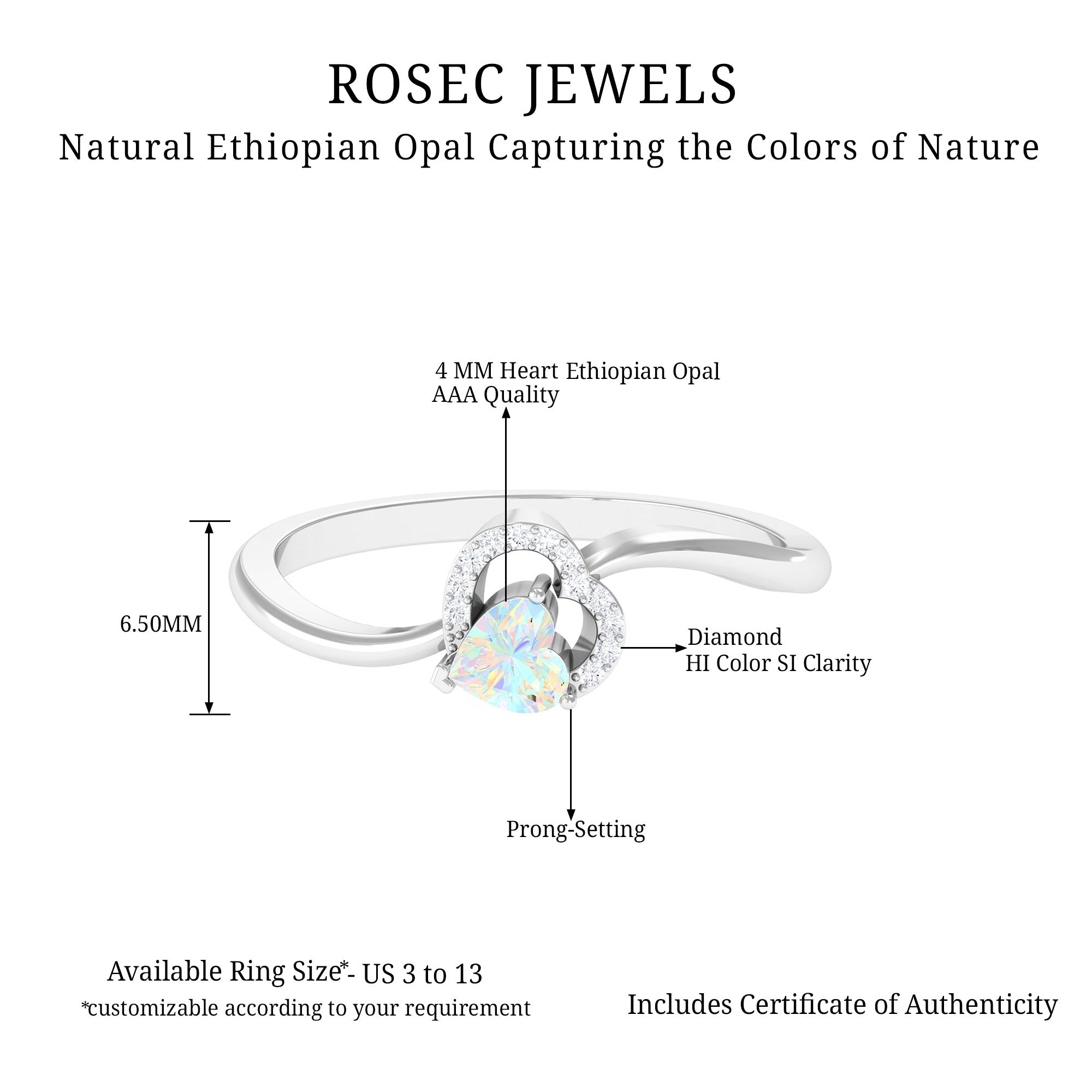 Rosec Jewels-1/4 CT Ethiopian Opal Heart Promise Ring with Diamond