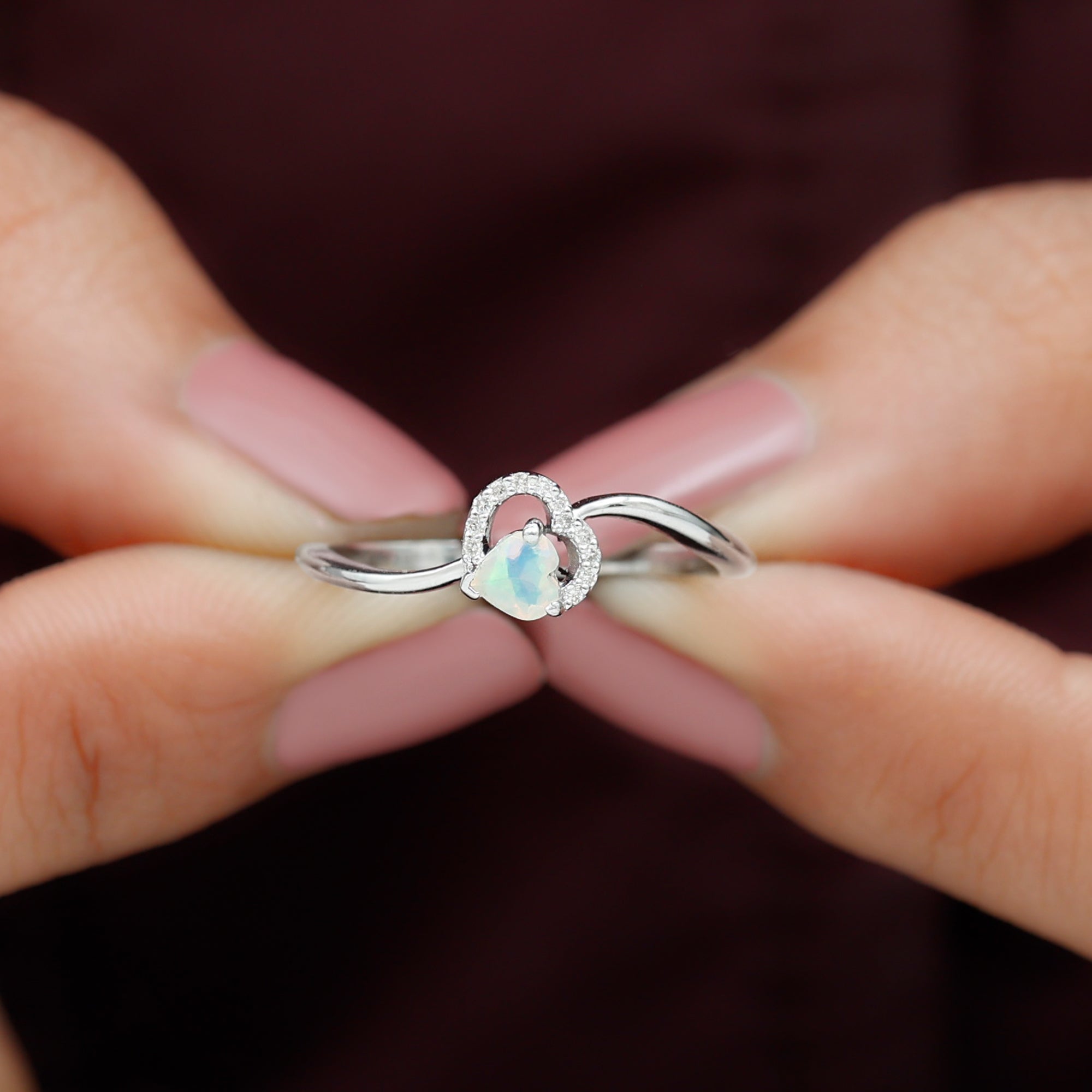 Rosec Jewels-1/4 CT Ethiopian Opal Heart Promise Ring with Diamond