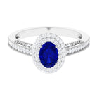 Rosec Jewels-Oval Created Blue Sapphire Double Halo Engagement Ring with Diamond