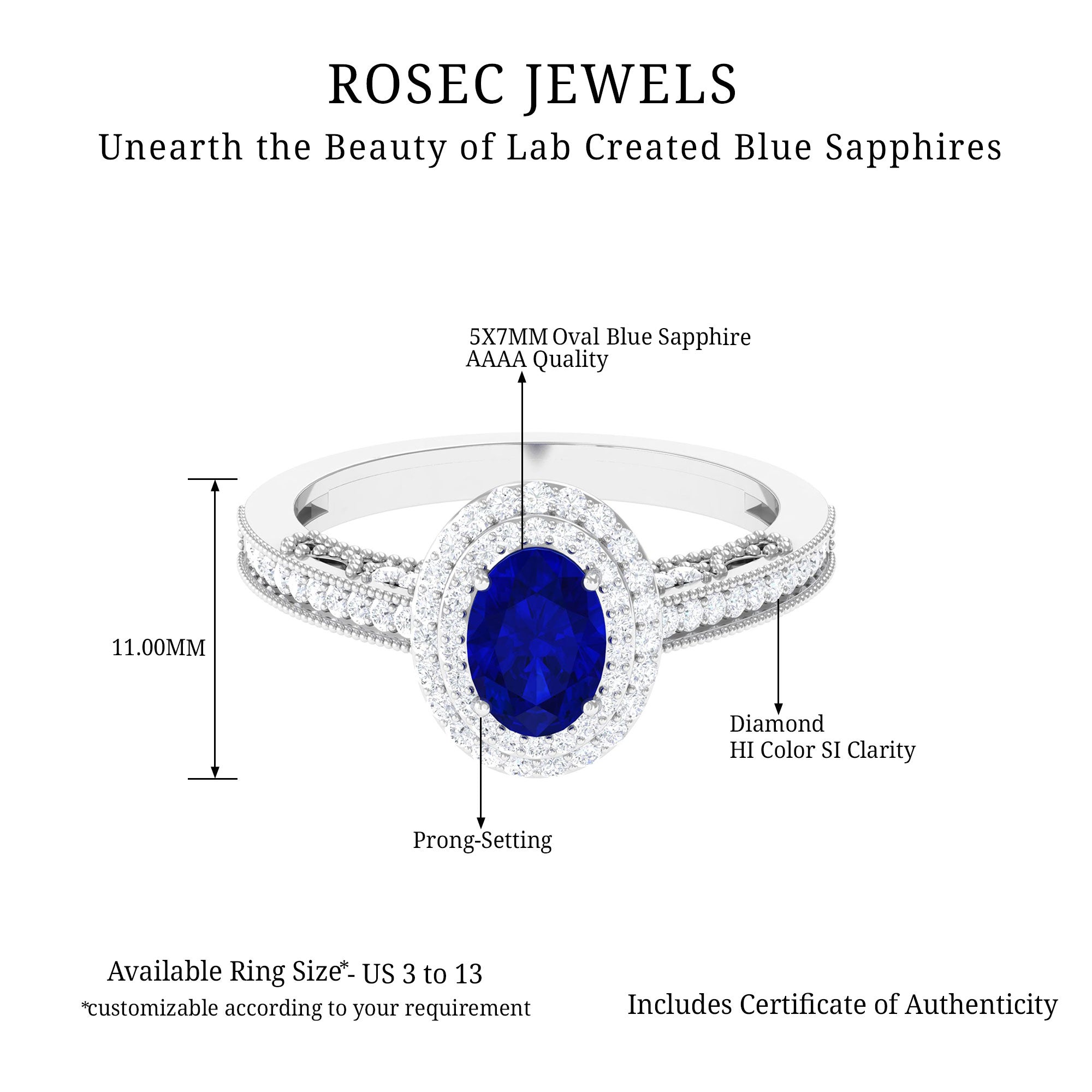 Rosec Jewels-Oval Created Blue Sapphire Double Halo Engagement Ring with Diamond