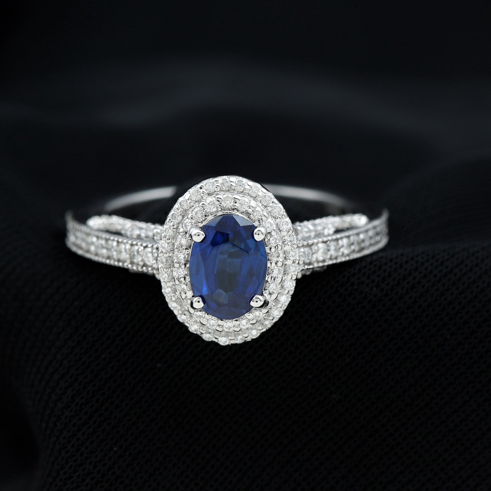 Rosec Jewels-Oval Created Blue Sapphire Double Halo Engagement Ring with Diamond