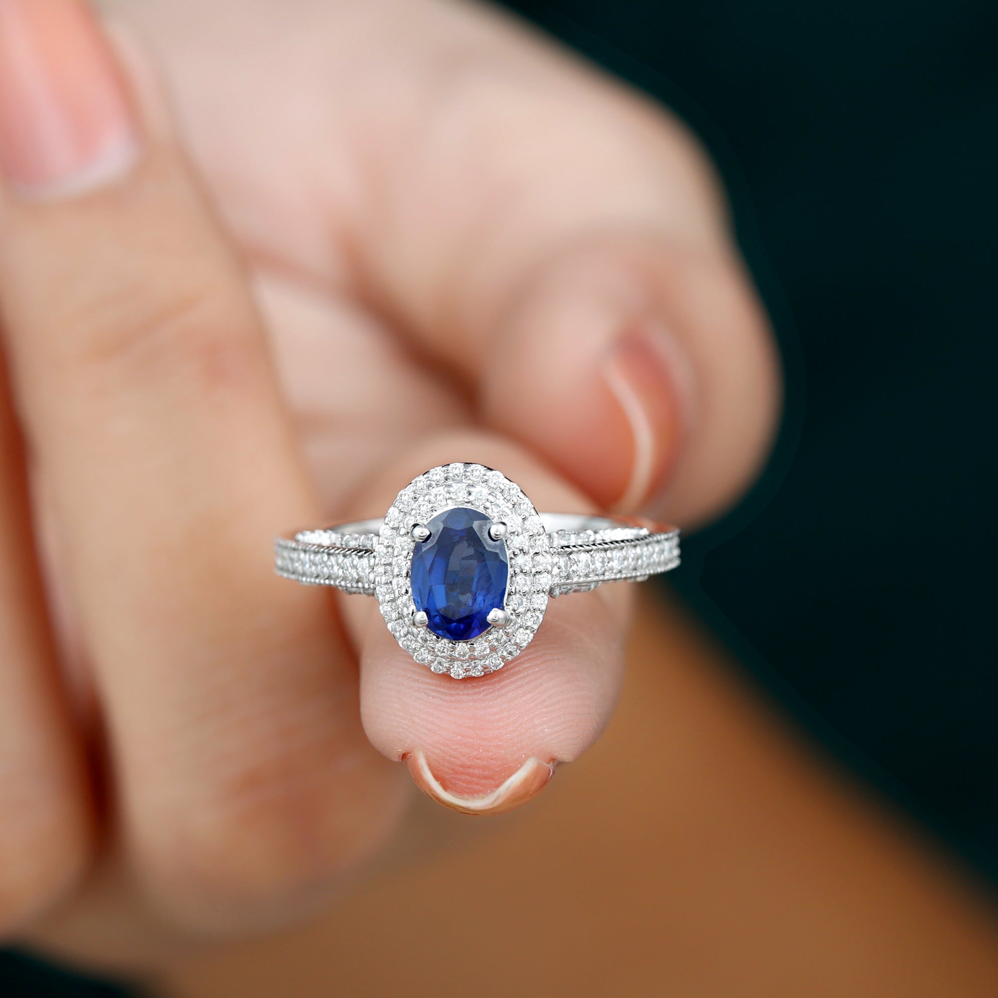 Rosec Jewels-Oval Created Blue Sapphire Double Halo Engagement Ring with Diamond