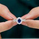 Rosec Jewels-Oval Created Blue Sapphire Double Halo Engagement Ring with Diamond