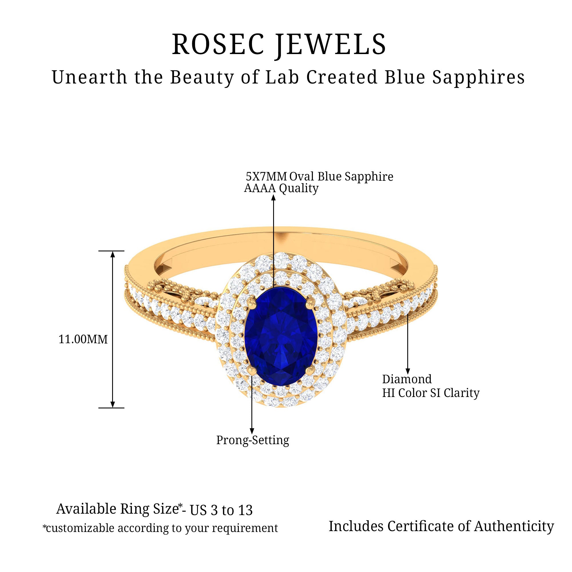 Rosec Jewels-Oval Created Blue Sapphire Double Halo Engagement Ring with Diamond