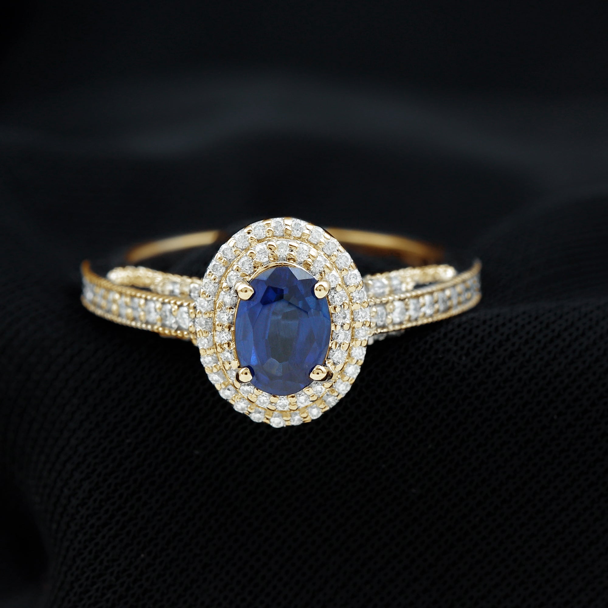 Rosec Jewels-Oval Created Blue Sapphire Double Halo Engagement Ring with Diamond