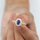 Rosec Jewels-Oval Created Blue Sapphire Double Halo Engagement Ring with Diamond