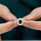 Rosec Jewels-Oval Created Blue Sapphire Double Halo Engagement Ring with Diamond