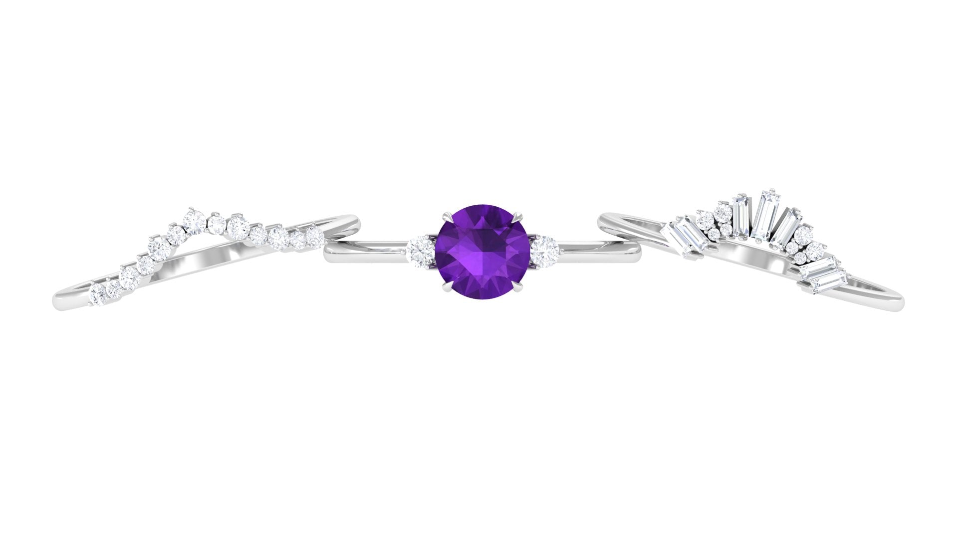 Rosec Jewels-Real Amethyst Designer Trio Wedding Ring Set with Diamond