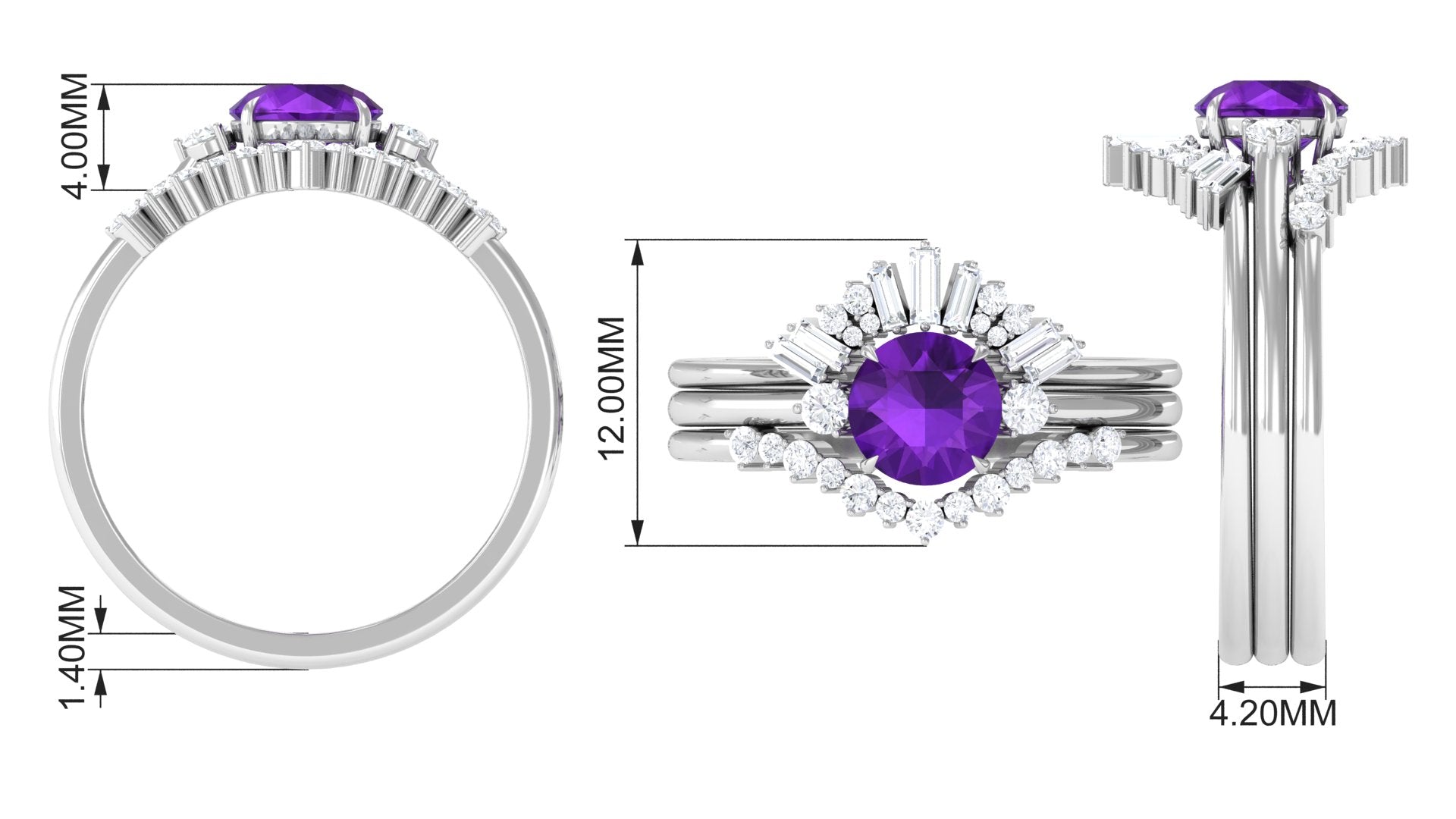 Rosec Jewels-Real Amethyst Designer Trio Wedding Ring Set with Diamond