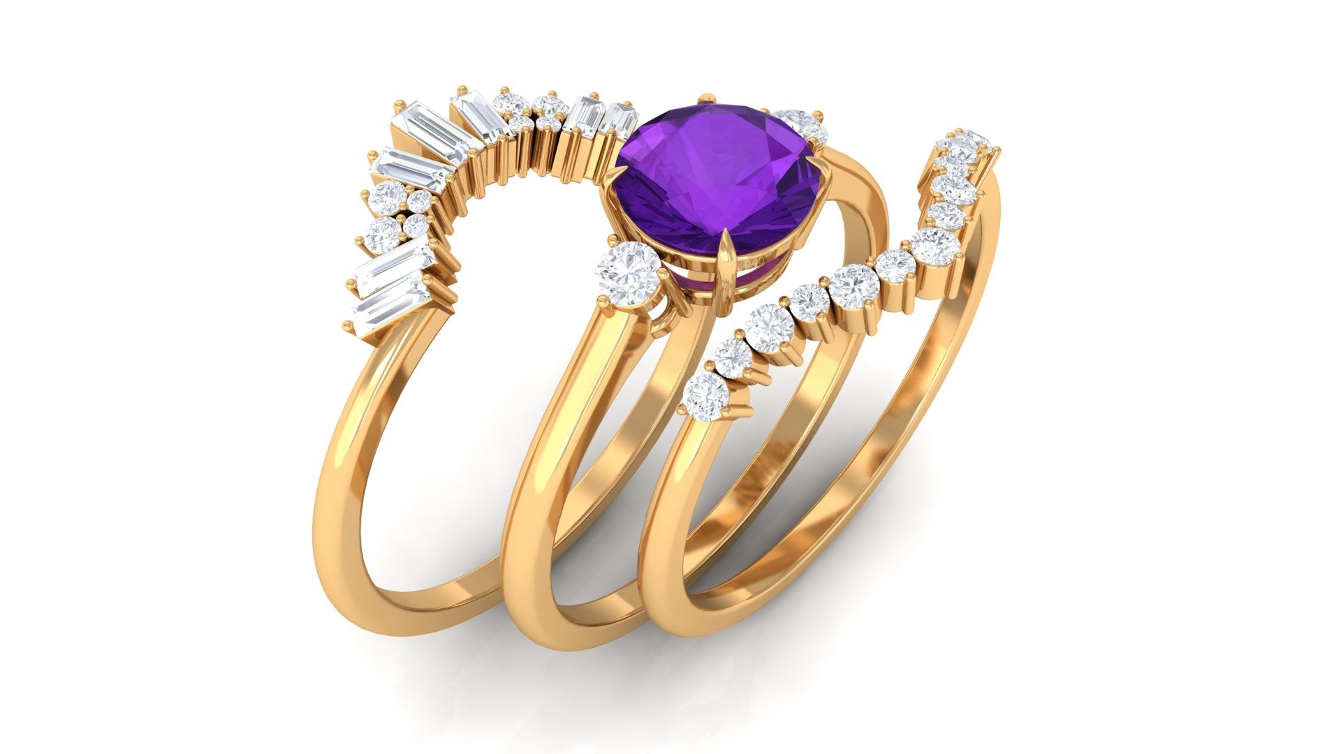 Rosec Jewels-Real Amethyst Designer Trio Wedding Ring Set with Diamond