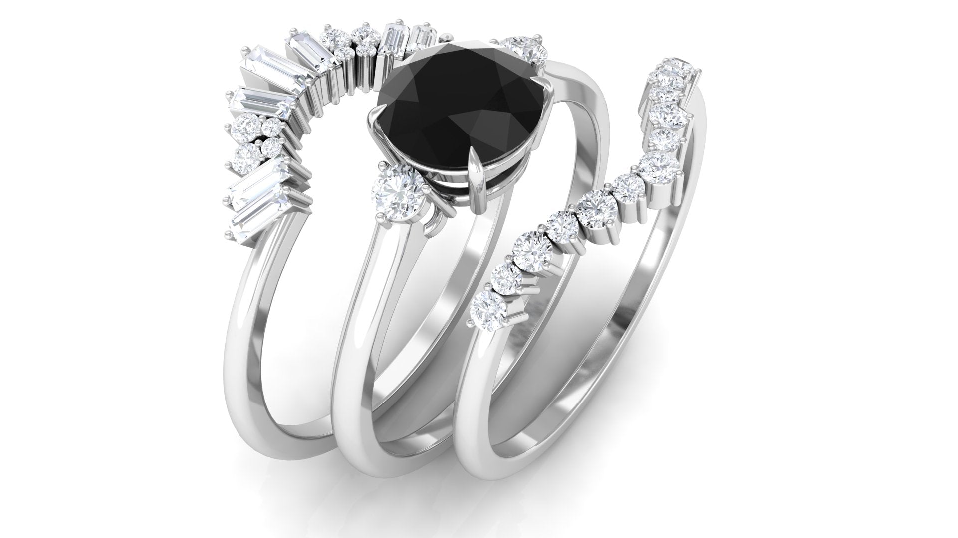 Rosec Jewels-Round Black Spinel Designer Trio Wedding Ring Set with Moissanite