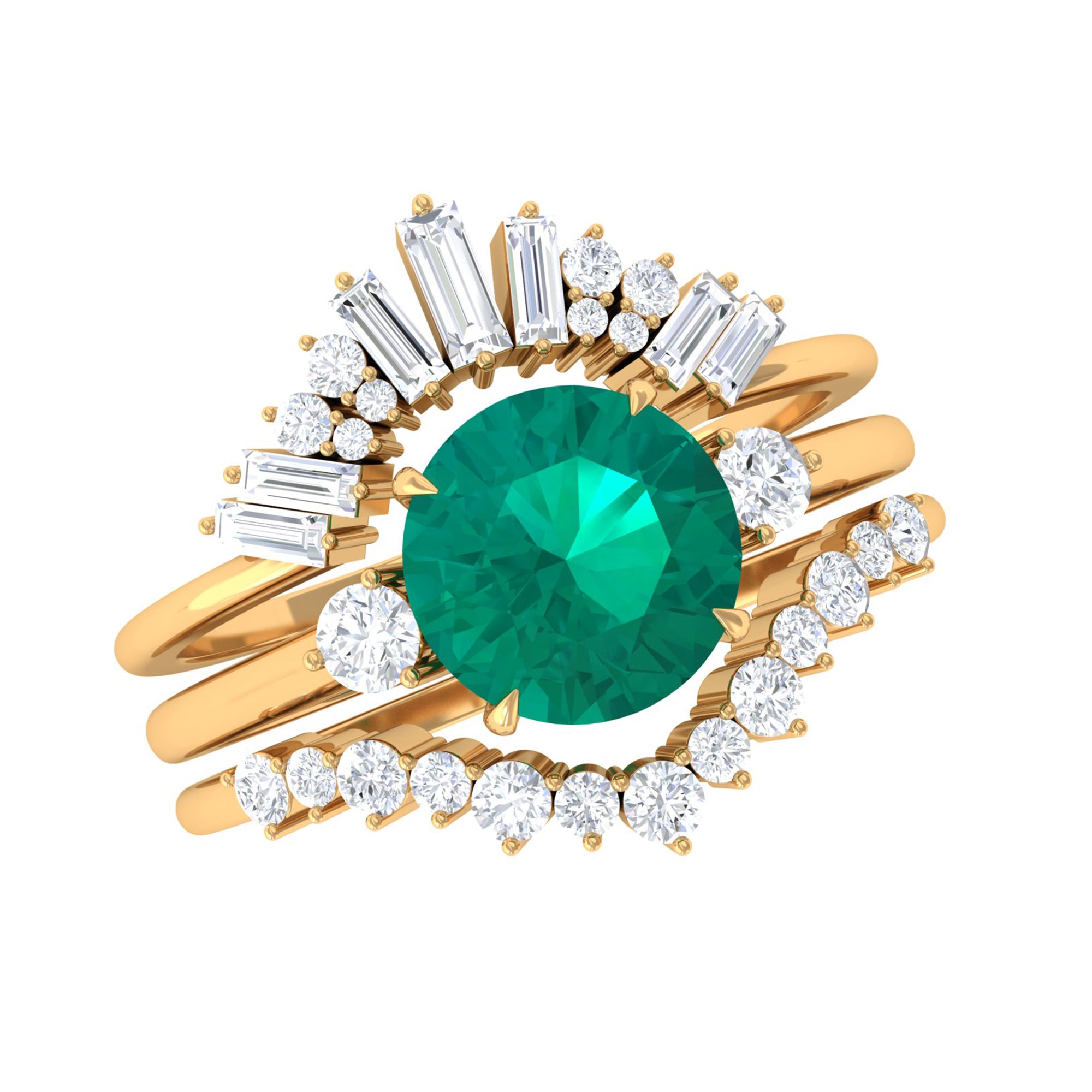 Rosec Jewels-Genuine Round Emerald Wedding Ring Set with Diamond Accent