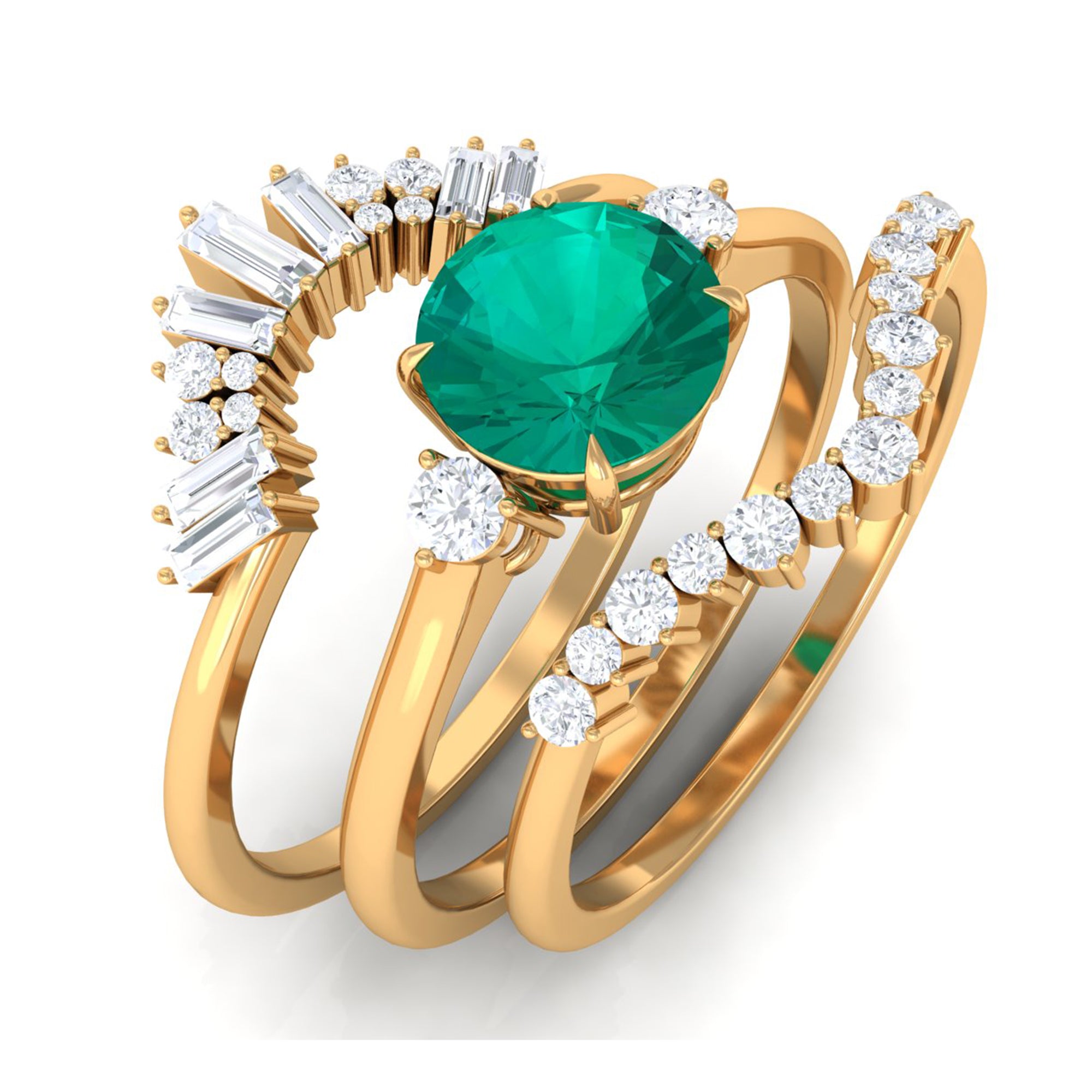 Rosec Jewels-Genuine Round Emerald Wedding Ring Set with Diamond Accent