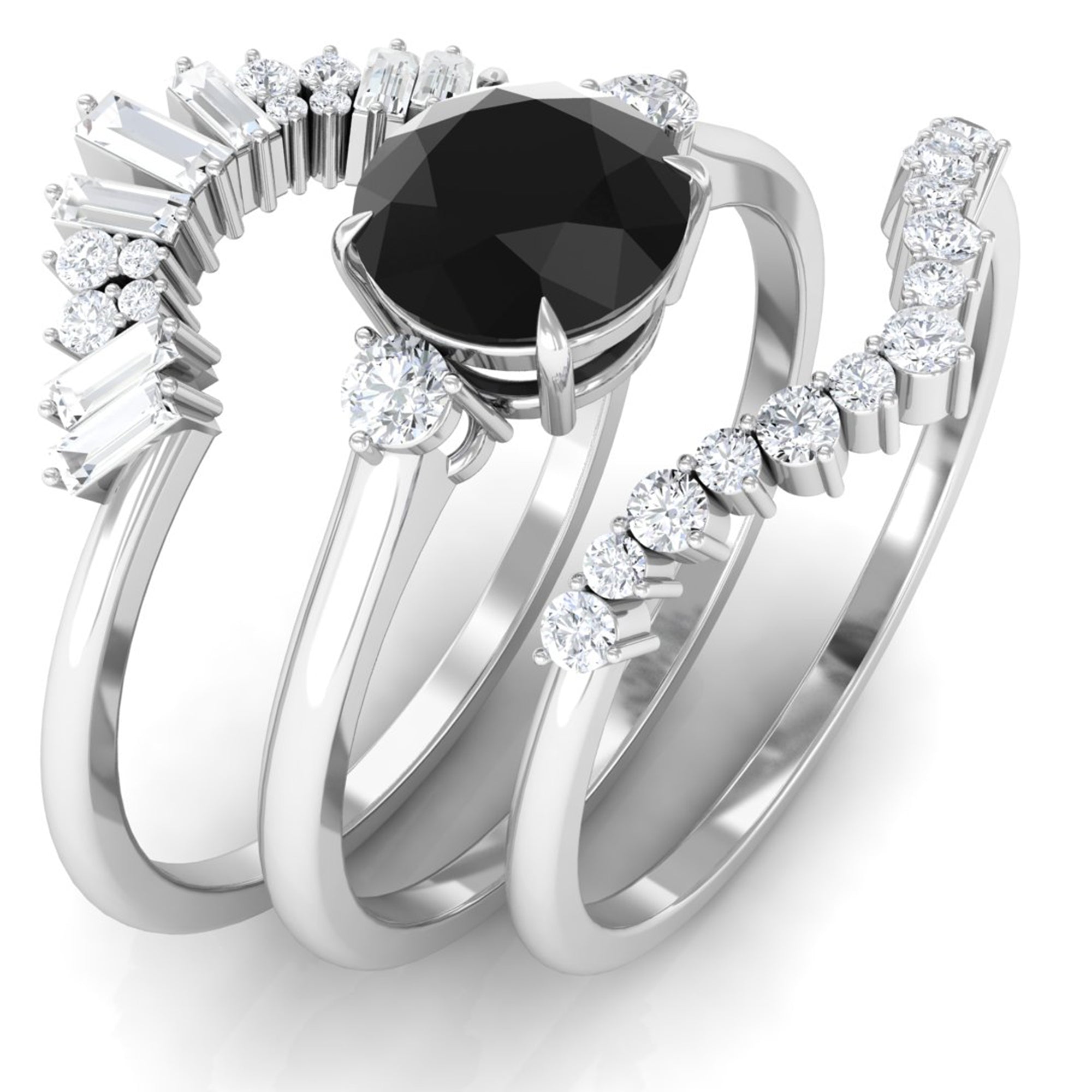 Rosec Jewels-Created Black Diamond Designer Trio Wedding Ring Set with Diamond