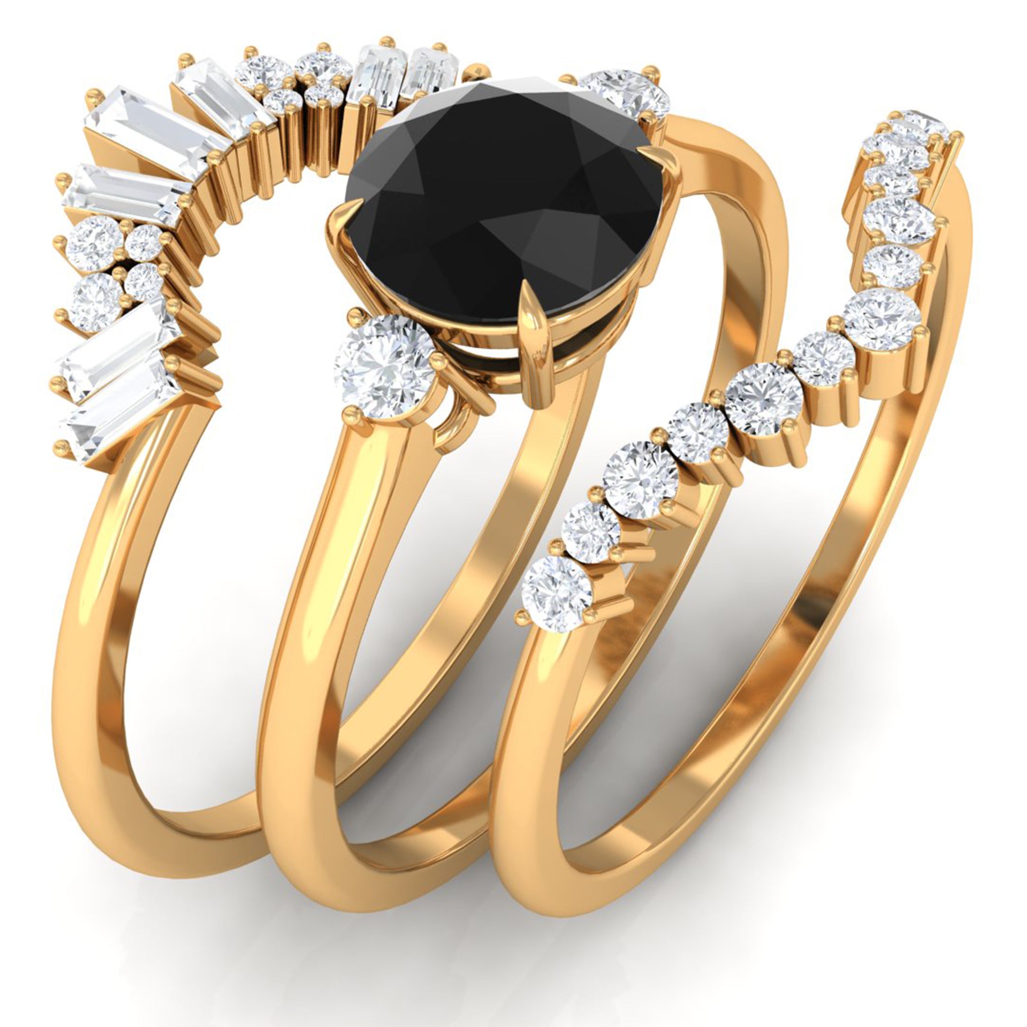 Rosec Jewels-Created Black Diamond Designer Trio Wedding Ring Set with Diamond