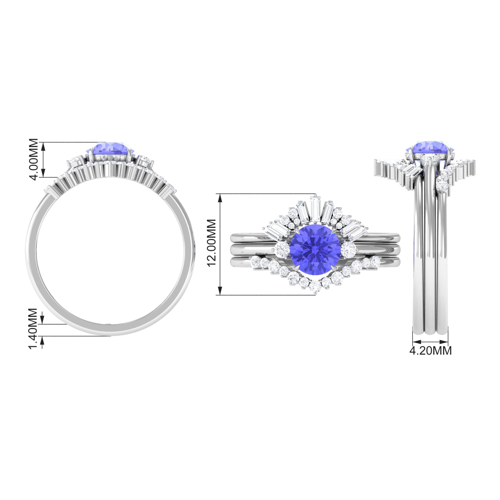 Rosec Jewels-1.5 CT Round Tanzanite Designer Trio Wedding Ring Set with Diamond