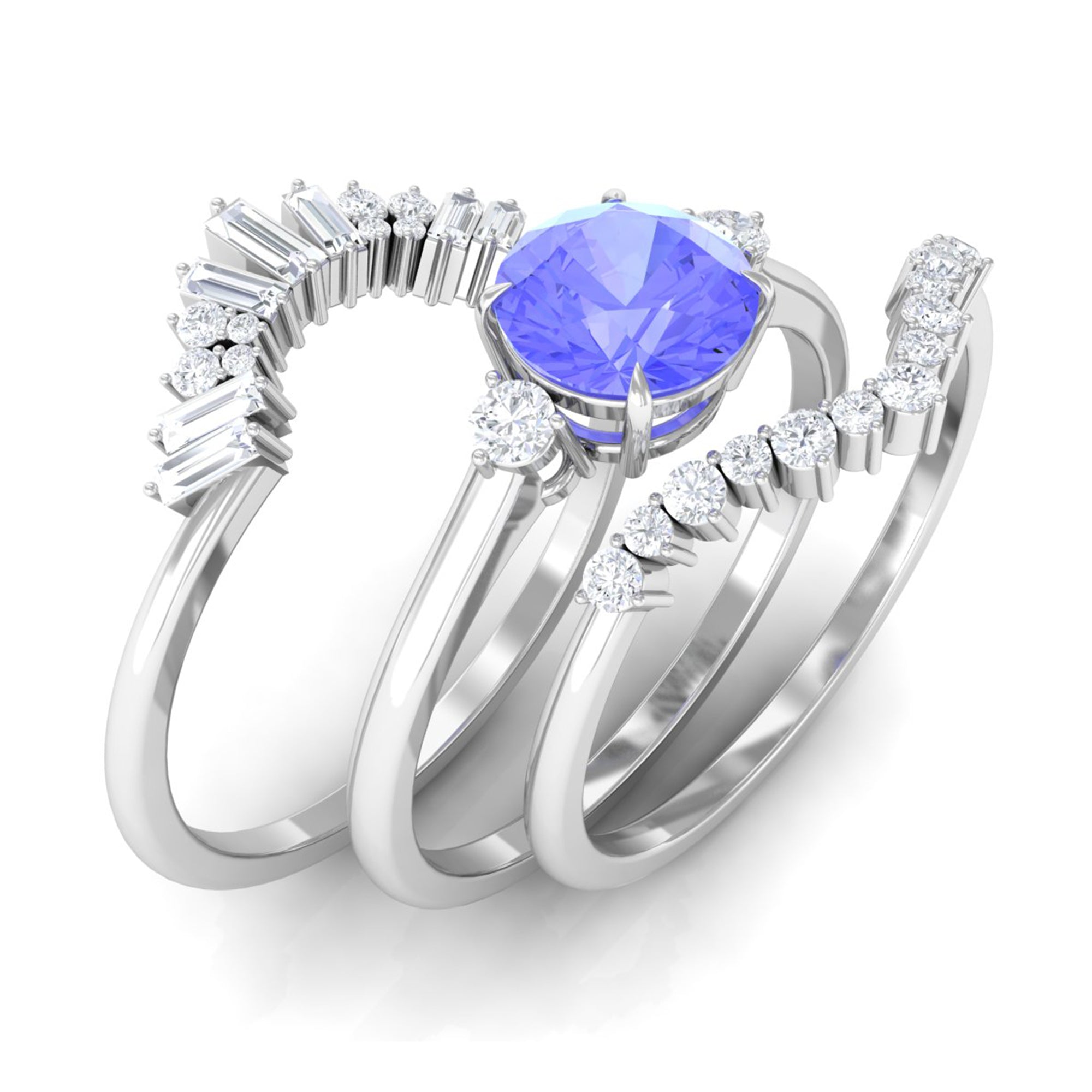 Rosec Jewels-1.5 CT Round Tanzanite Designer Trio Wedding Ring Set with Diamond