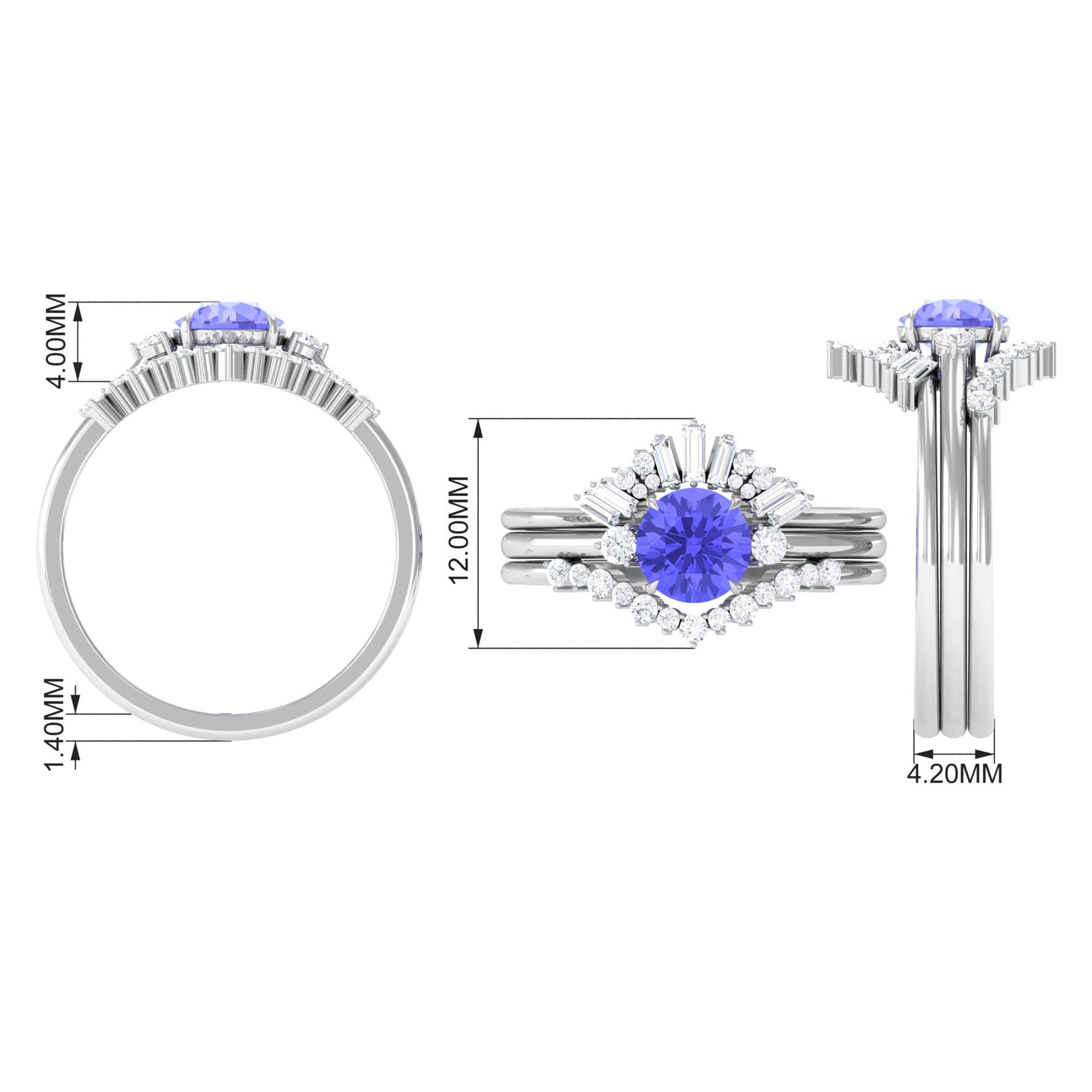 Rosec Jewels-1.5 CT Round Tanzanite Designer Trio Wedding Ring Set with Diamond