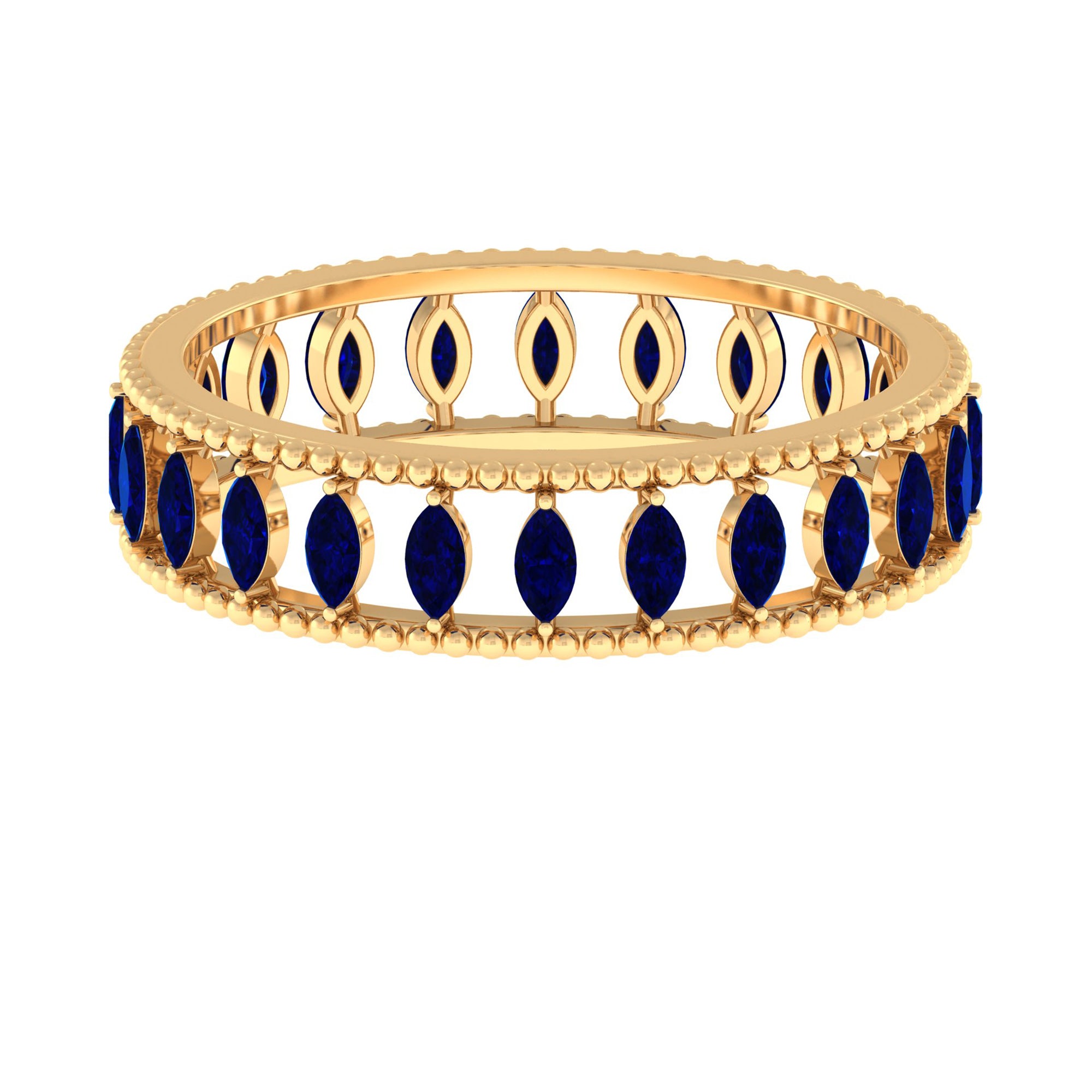 Rosec Jewels-Marquise Cut Created Blue Sapphire Eternity Band with Beaded Detailing