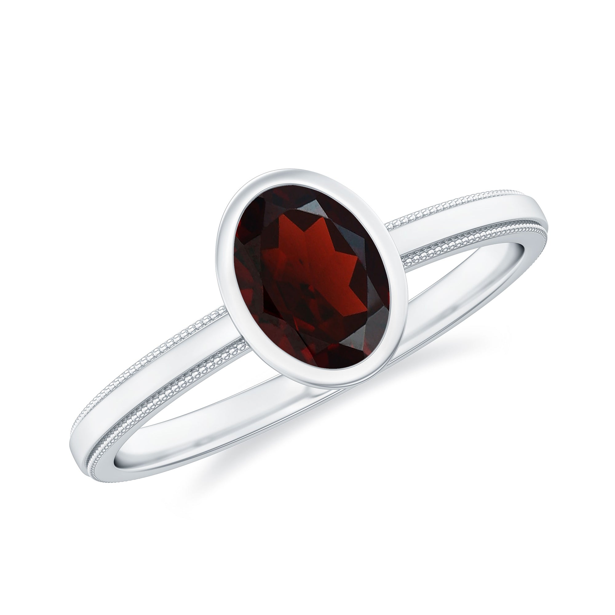 Rosec Jewels-Bezel Set Oval Garnet Solitaire Ring with Beaded Detailing