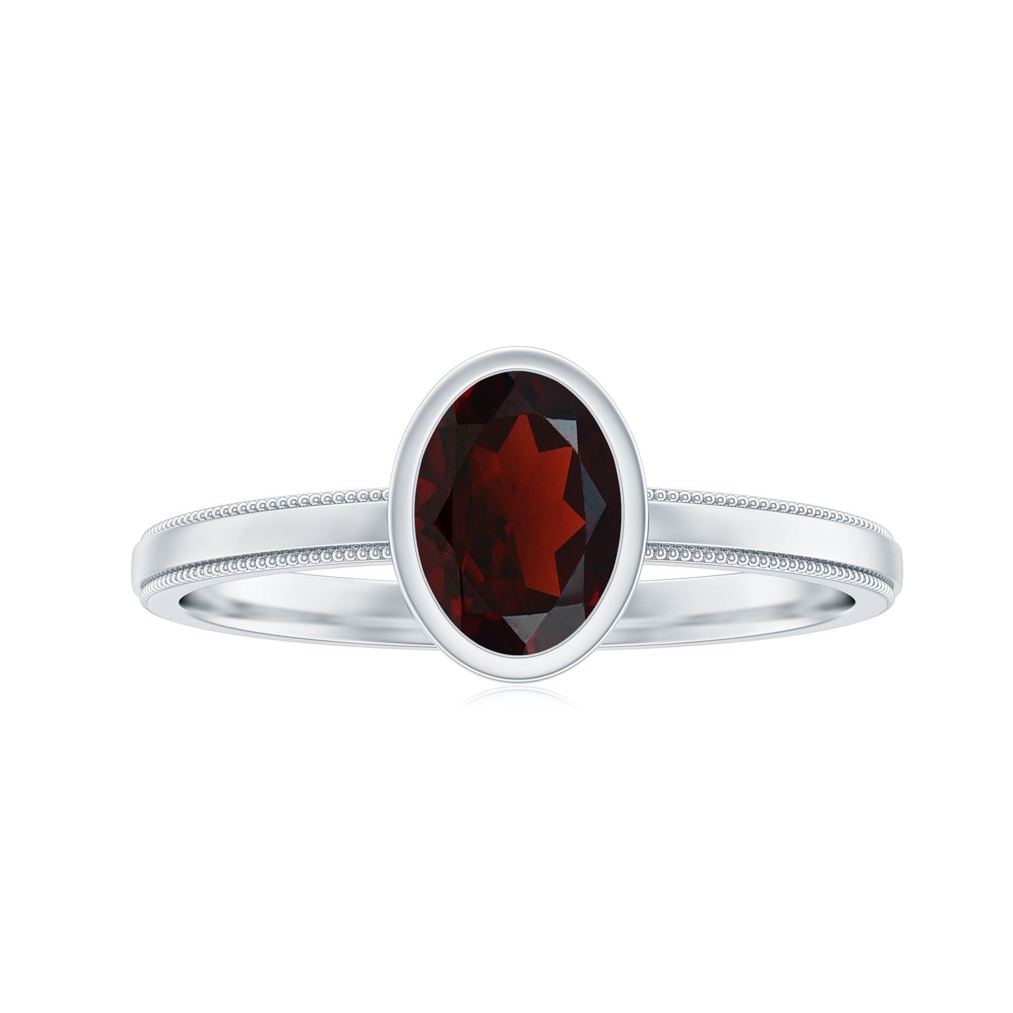 Rosec Jewels-Bezel Set Oval Garnet Solitaire Ring with Beaded Detailing