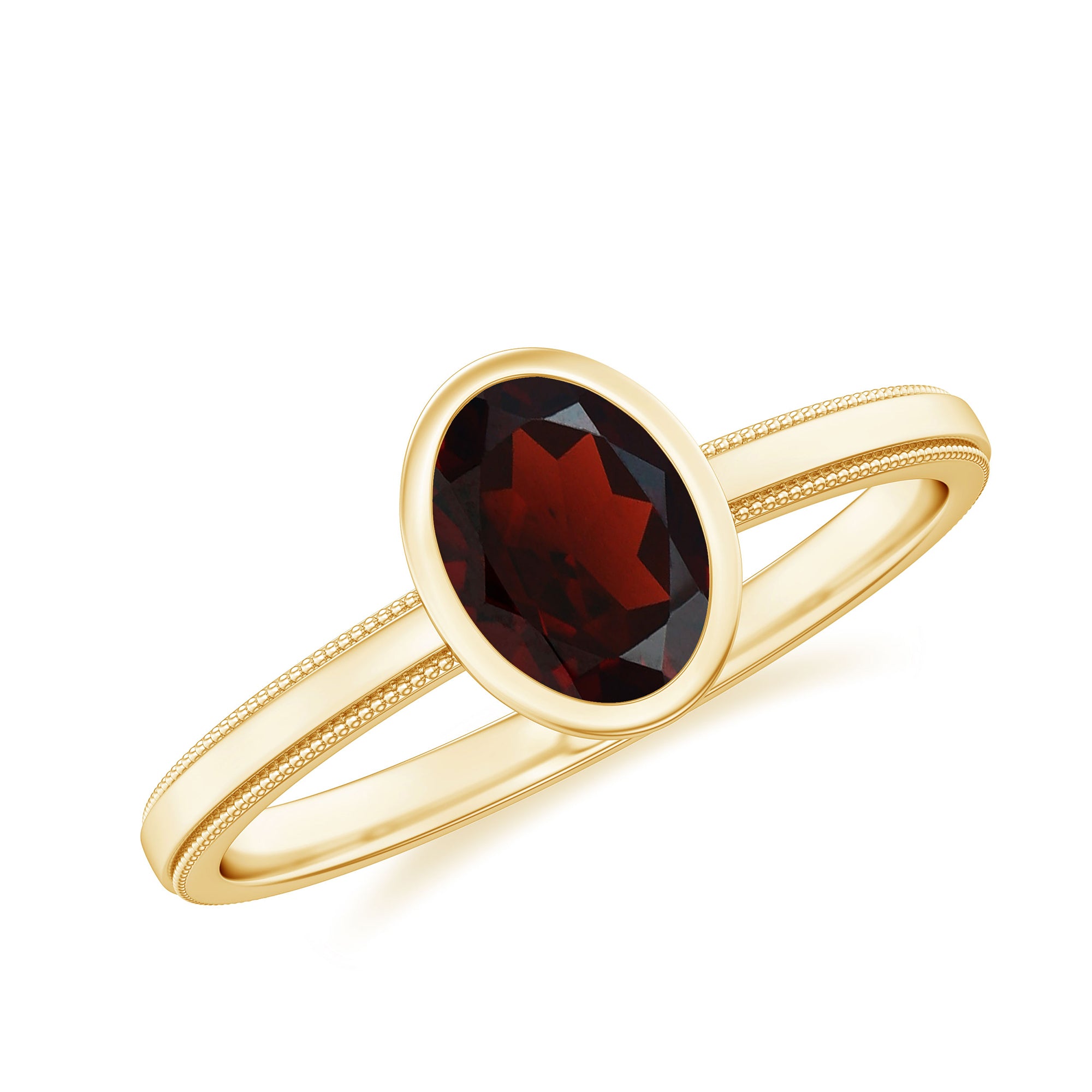 Rosec Jewels-Bezel Set Oval Garnet Solitaire Ring with Beaded Detailing