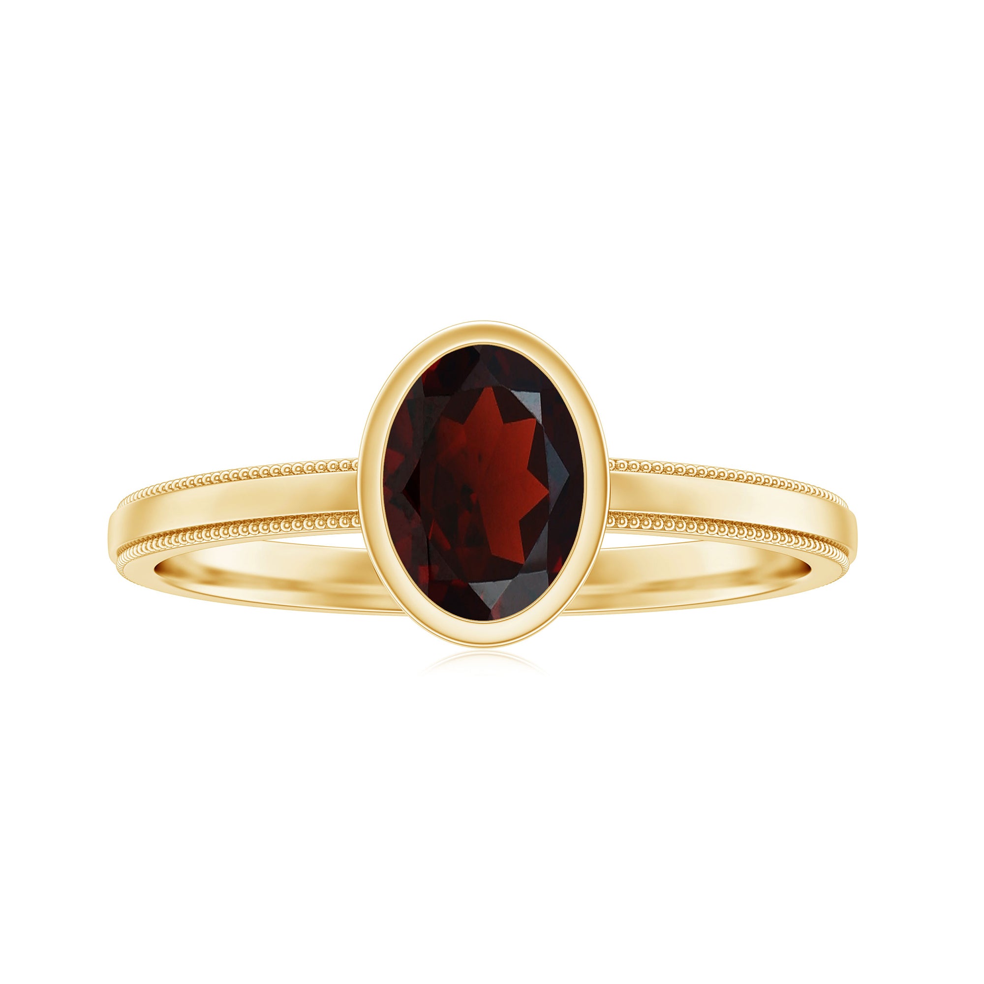 Rosec Jewels-Bezel Set Oval Garnet Solitaire Ring with Beaded Detailing