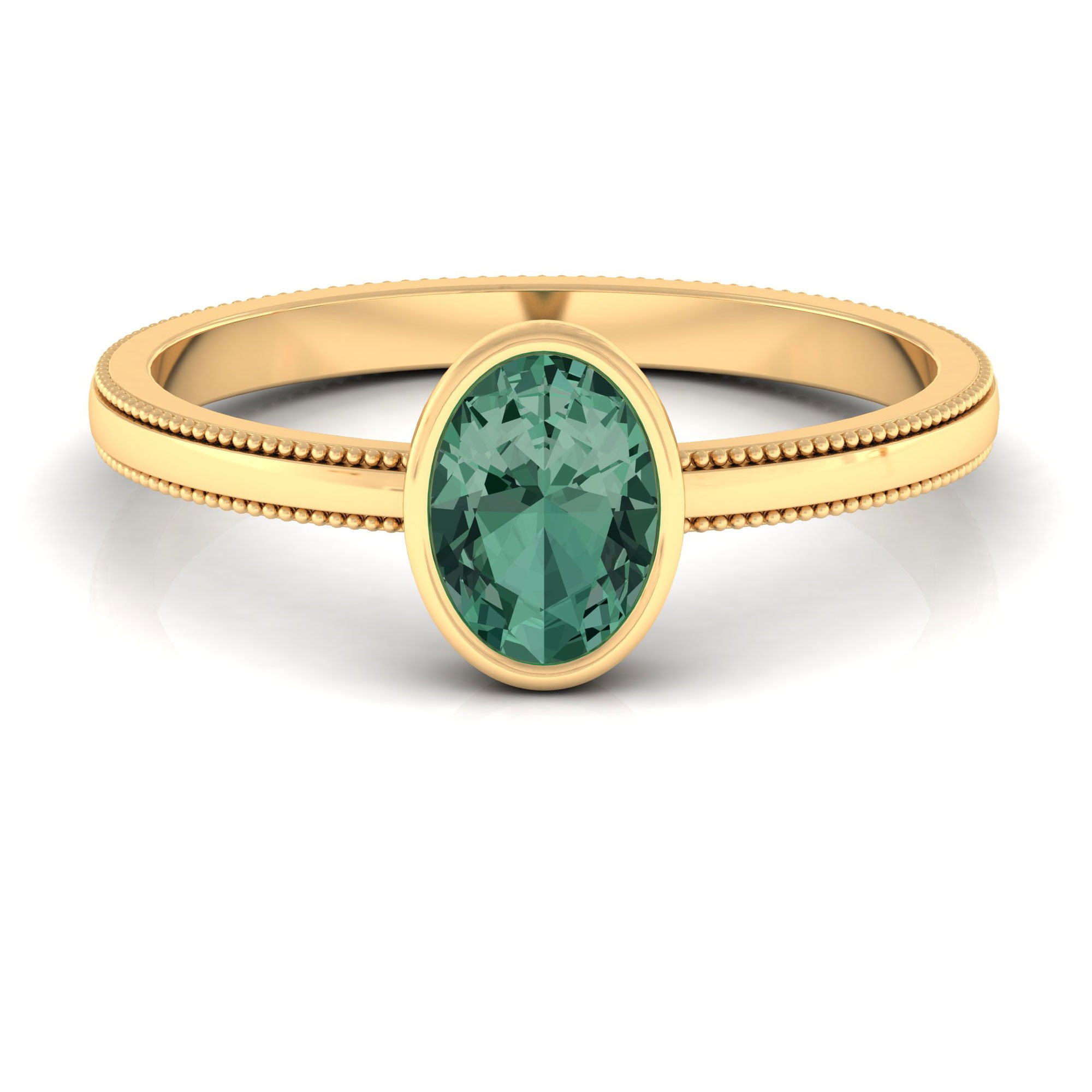 Rosec Jewels-Bezel Set Oval Green Sapphire Solitaire Ring with Beaded Detailing