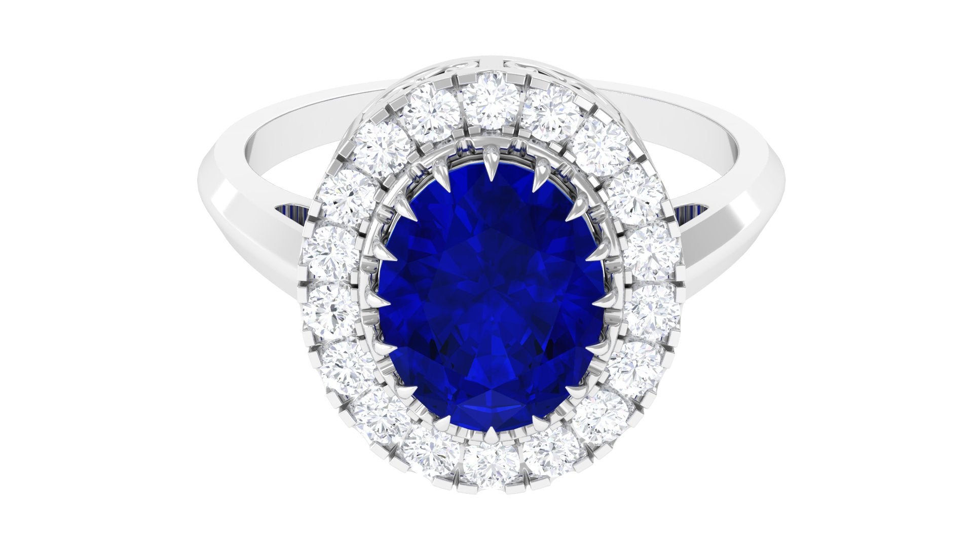 Rosec Jewels-Vintage Style Oval Created Blue Sapphire and Diamond Crown Engagement Ring