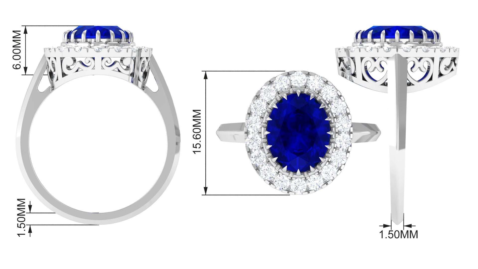 Rosec Jewels-Vintage Style Oval Created Blue Sapphire and Diamond Crown Engagement Ring