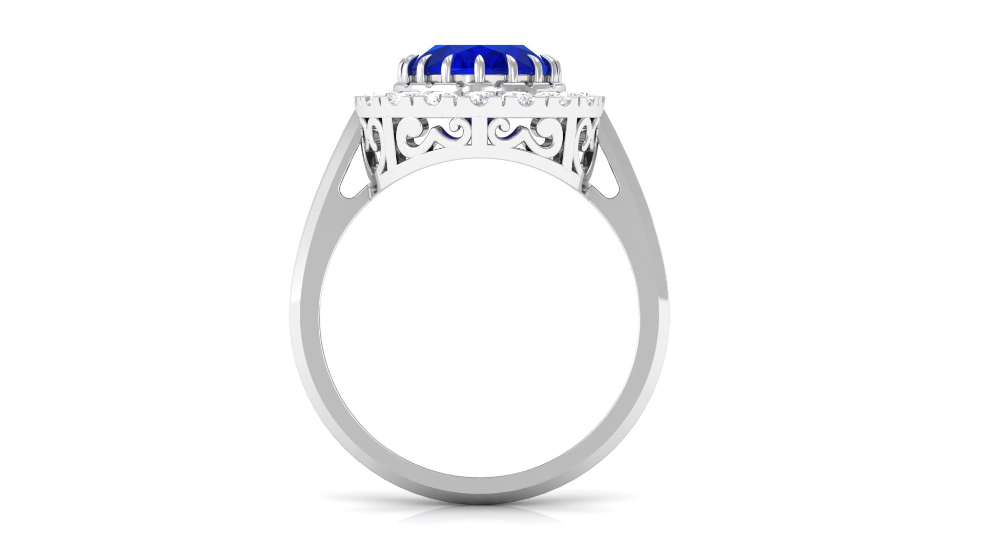 Rosec Jewels-Vintage Style Oval Created Blue Sapphire and Diamond Crown Engagement Ring