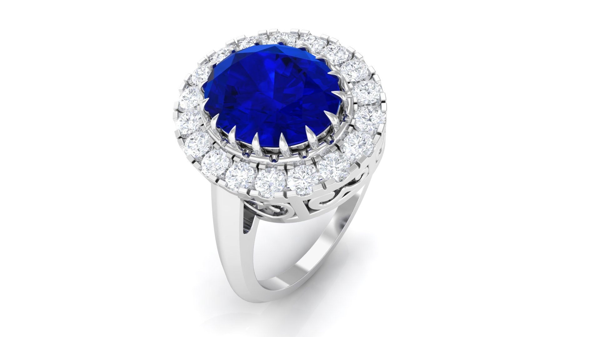 Rosec Jewels-Vintage Style Oval Created Blue Sapphire and Diamond Crown Engagement Ring