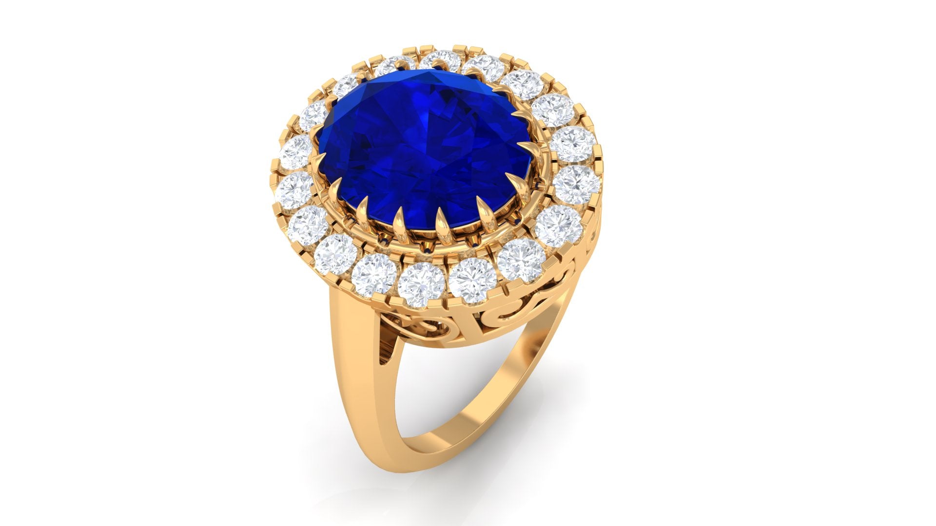 Rosec Jewels-Vintage Style Oval Created Blue Sapphire and Diamond Crown Engagement Ring