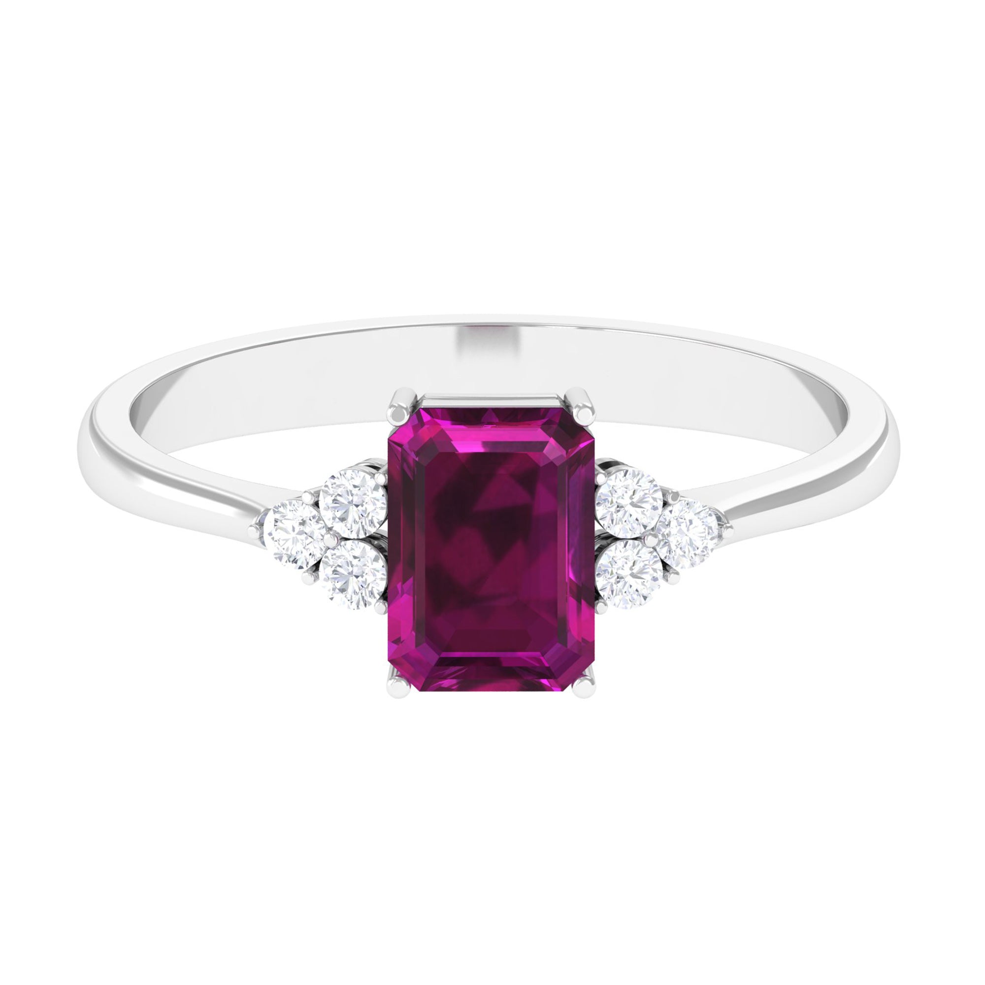 Rosec Jewels-Emerald Cut Rhodolite Solitaire Engagement Ring with Diamond Trio