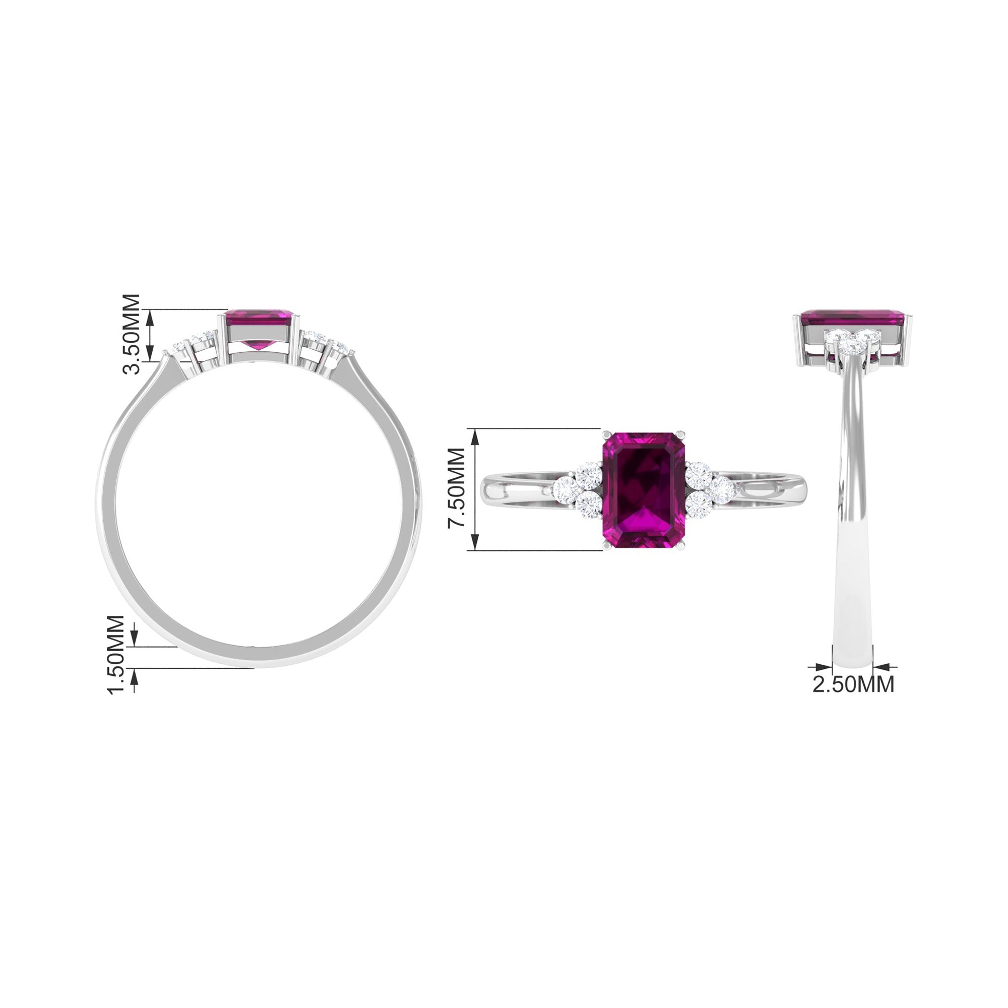 Rosec Jewels-Emerald Cut Rhodolite Solitaire Engagement Ring with Diamond Trio