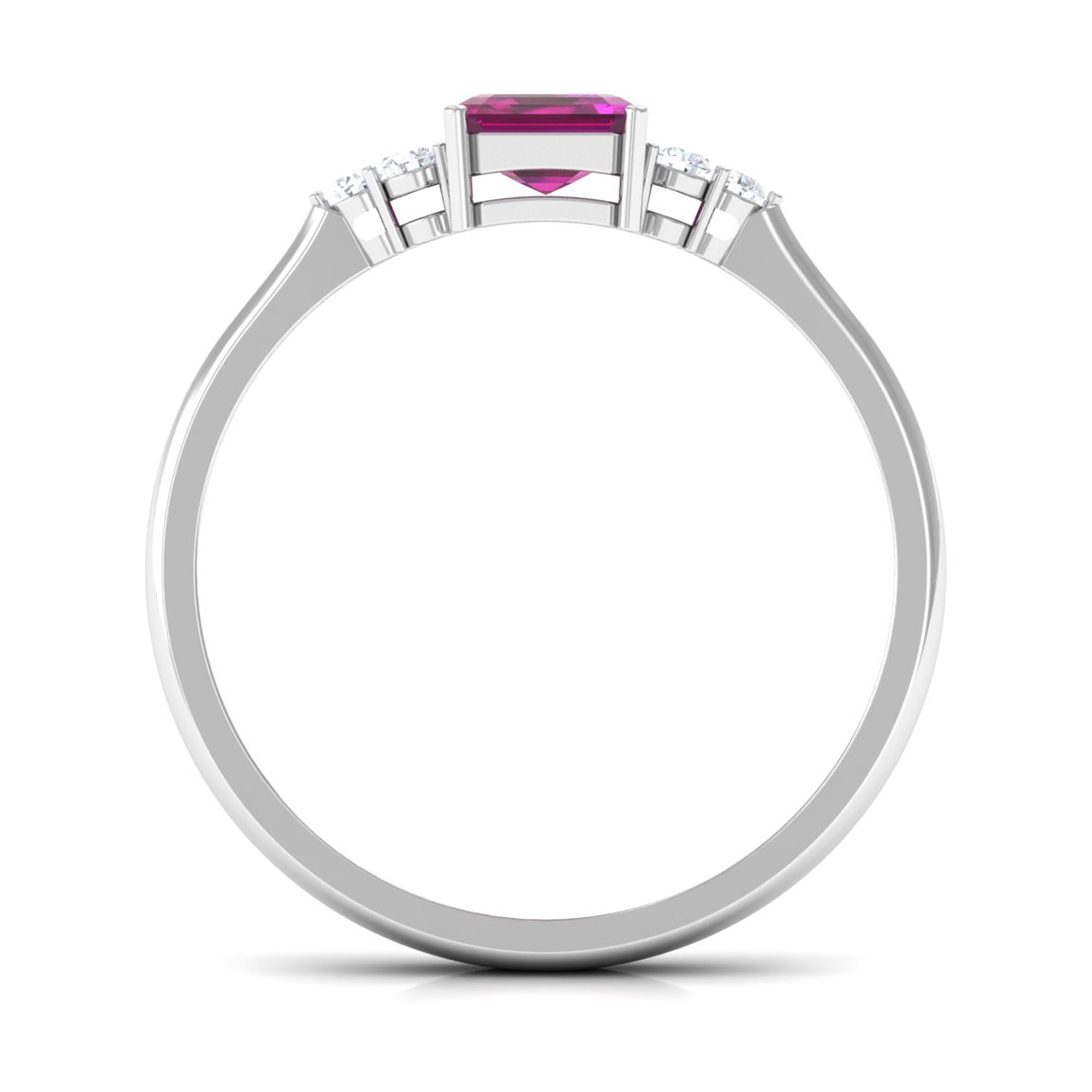 Rosec Jewels-Emerald Cut Rhodolite Solitaire Engagement Ring with Diamond Trio