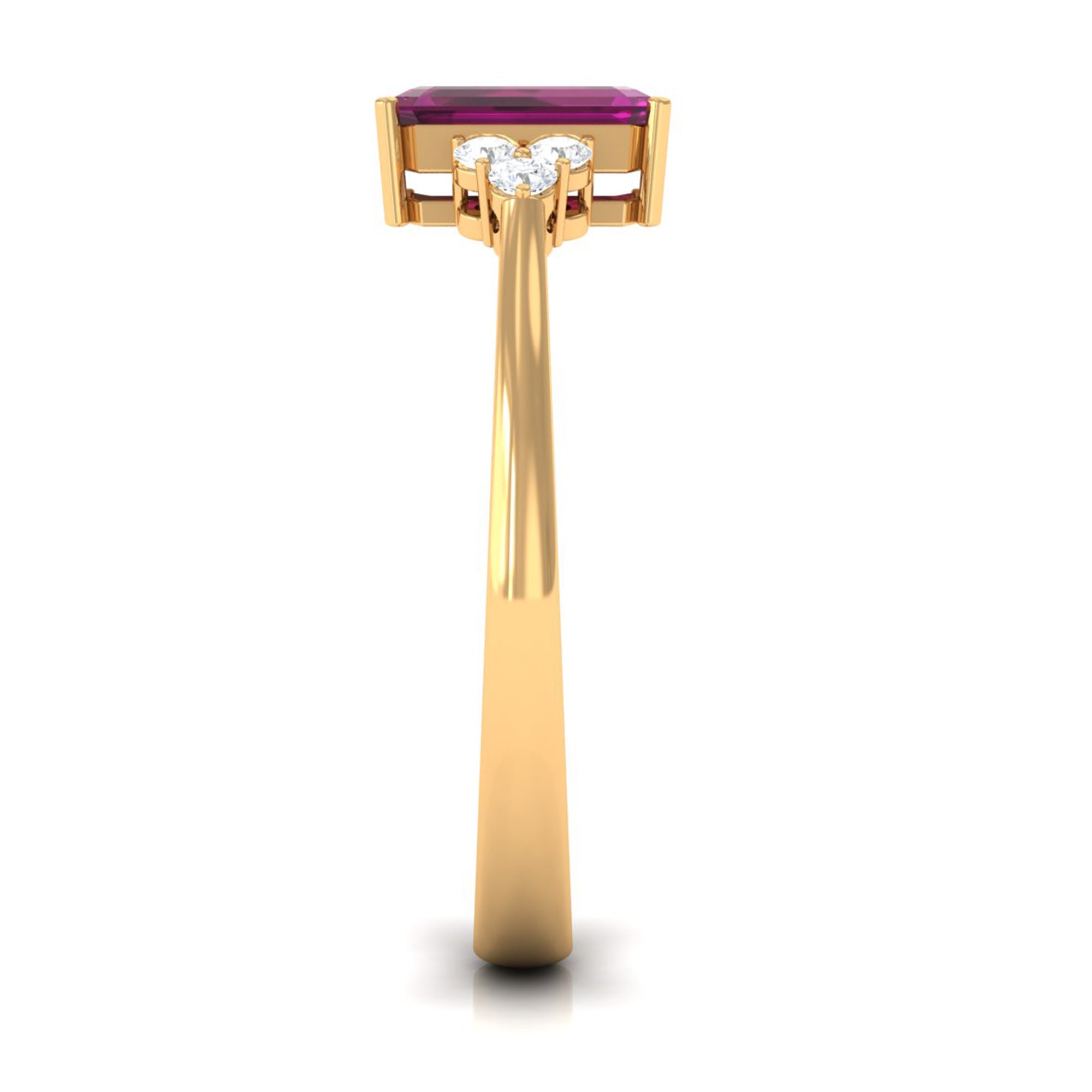 Rosec Jewels-Emerald Cut Rhodolite Solitaire Engagement Ring with Diamond Trio