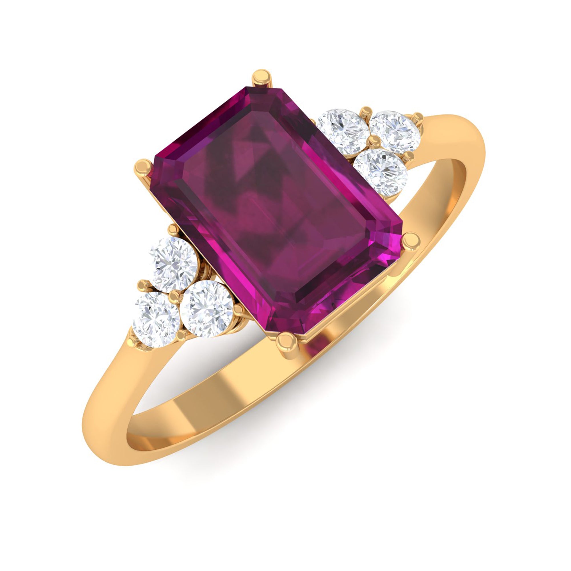 Rosec Jewels-Emerald Cut Rhodolite Solitaire Engagement Ring with Diamond Trio