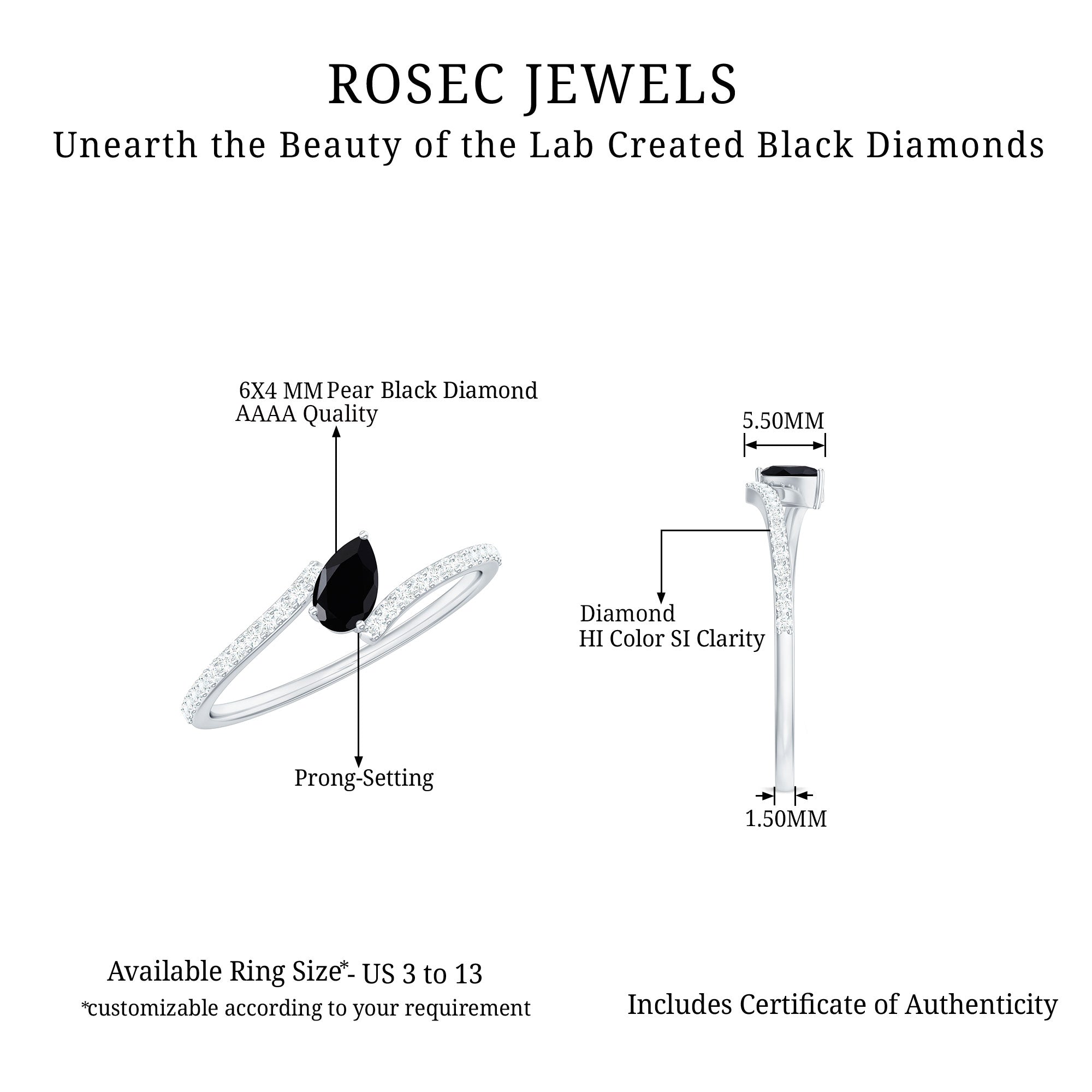 Rosec Jewels-Lab Grown Black Diamond Titled Bypass Promise Ring with Diamond