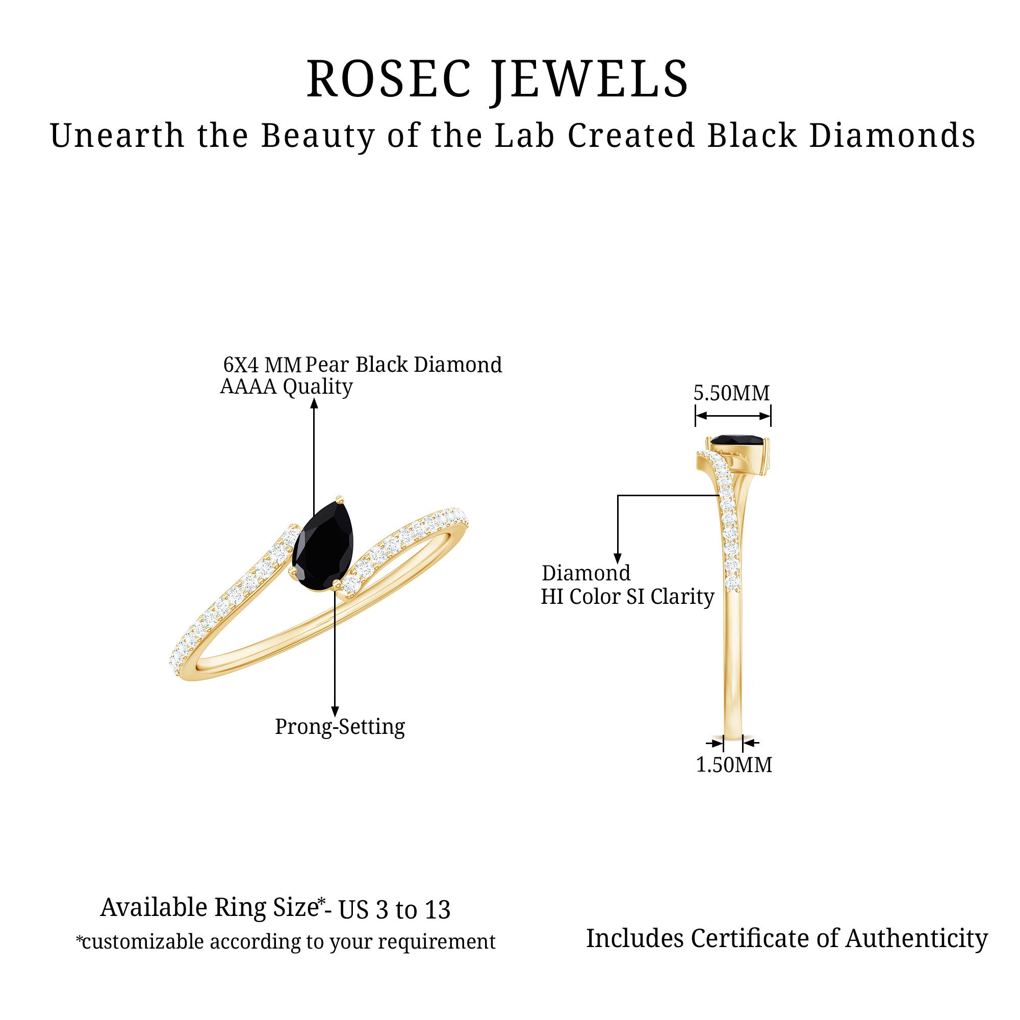 Rosec Jewels-Lab Grown Black Diamond Titled Bypass Promise Ring with Diamond