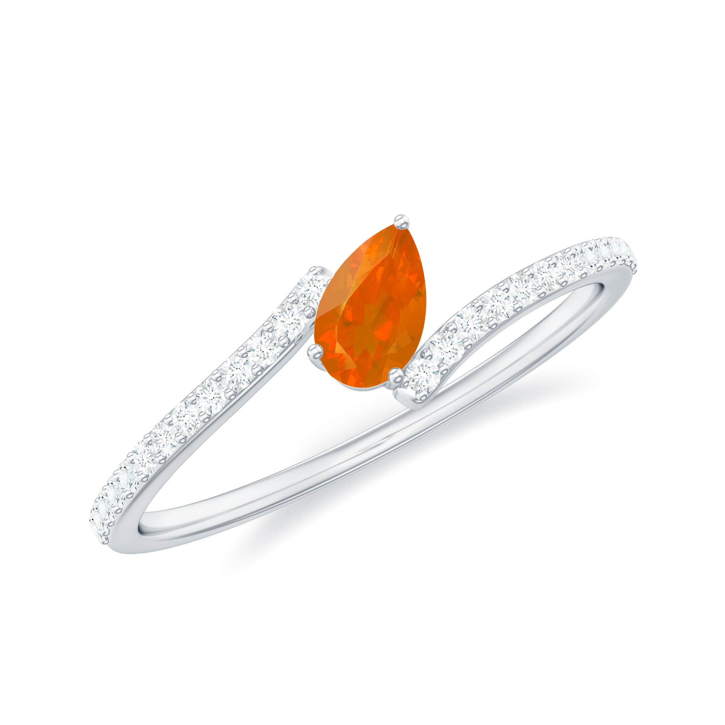 Rosec Jewels-Tilted Pear Shape Fire Opal and Diamond Bypass Promise Ring