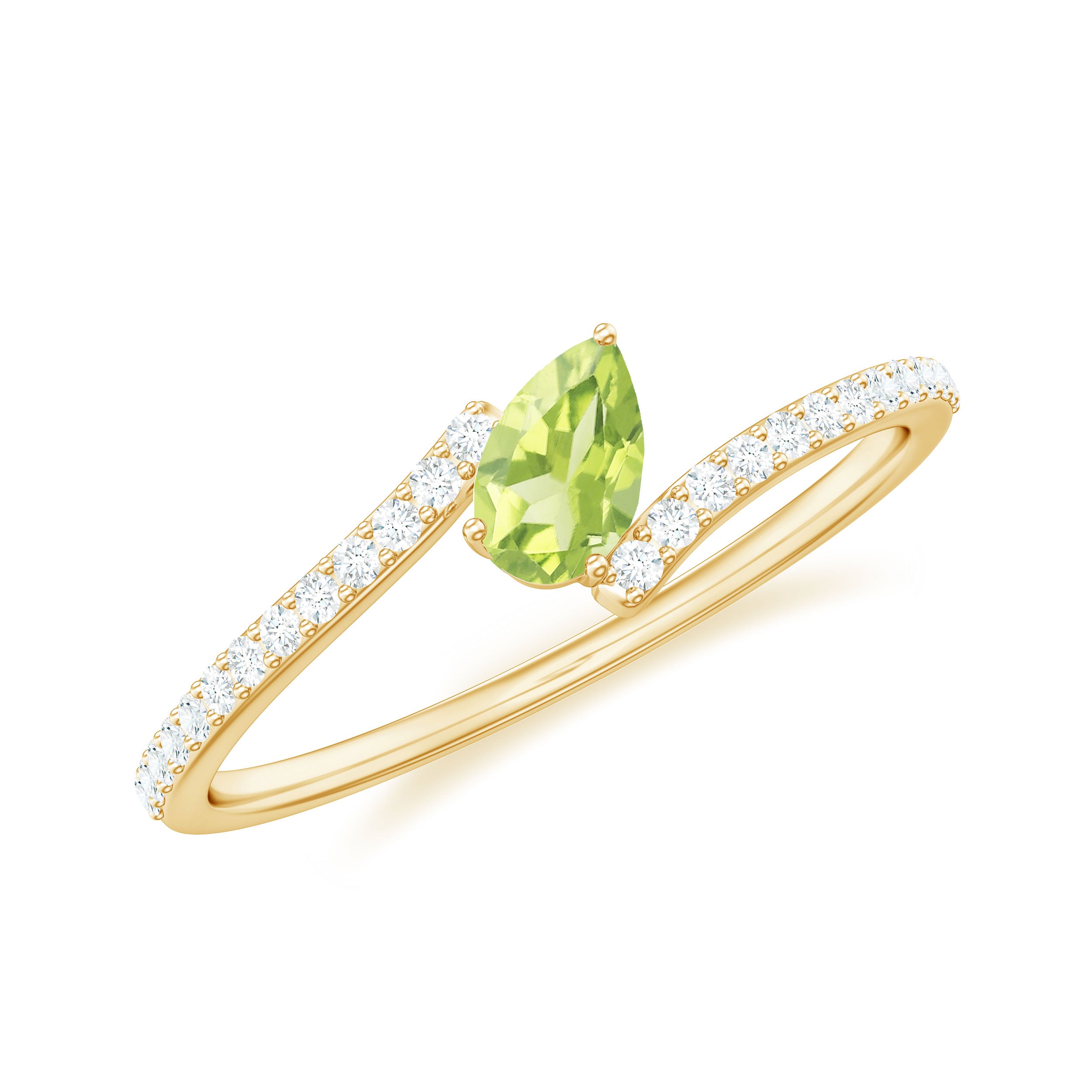 Rosec Jewels-Tilted Pear Cut Peridot Solitaire Bypass Ring with Diamond