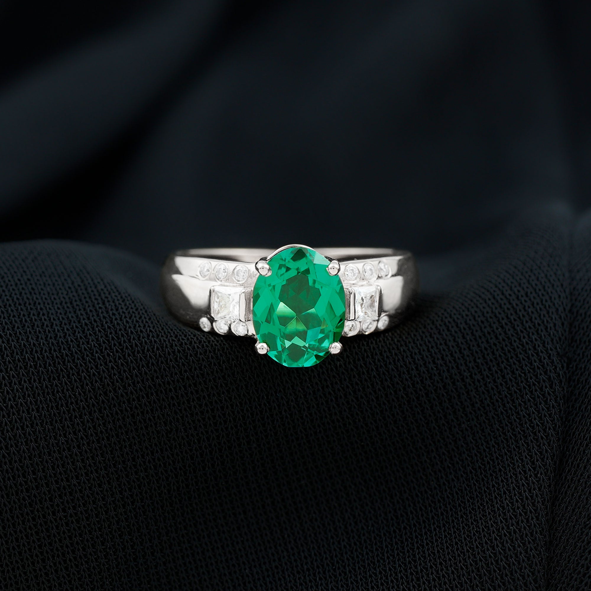 Rosec Jewels-Oval Cut Solitaire Lab Grown Emerald Statement Engagement Ring with Diamond