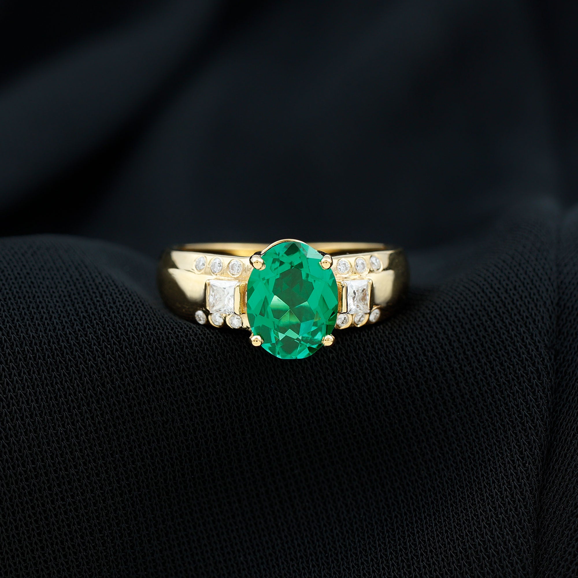 Rosec Jewels-Oval Cut Solitaire Lab Grown Emerald Statement Engagement Ring with Diamond